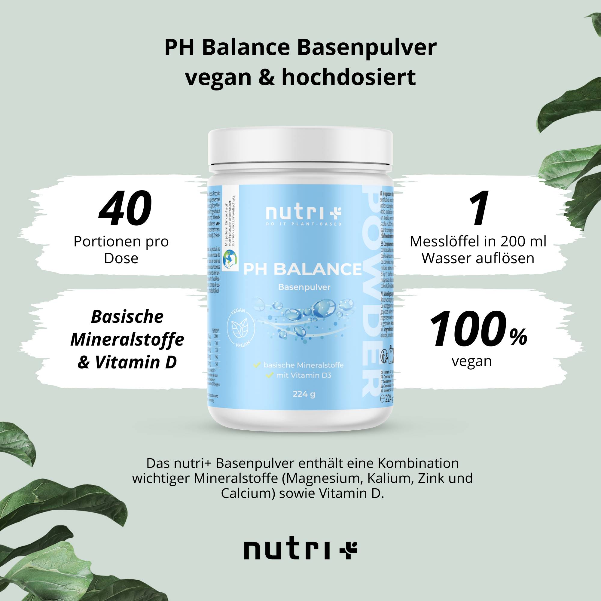 Basenpulver - Vitalstoffe für Säure-Basen-Haushalt in einer Dose mit 40 Portionen und veganen Inhaltsstoffen.