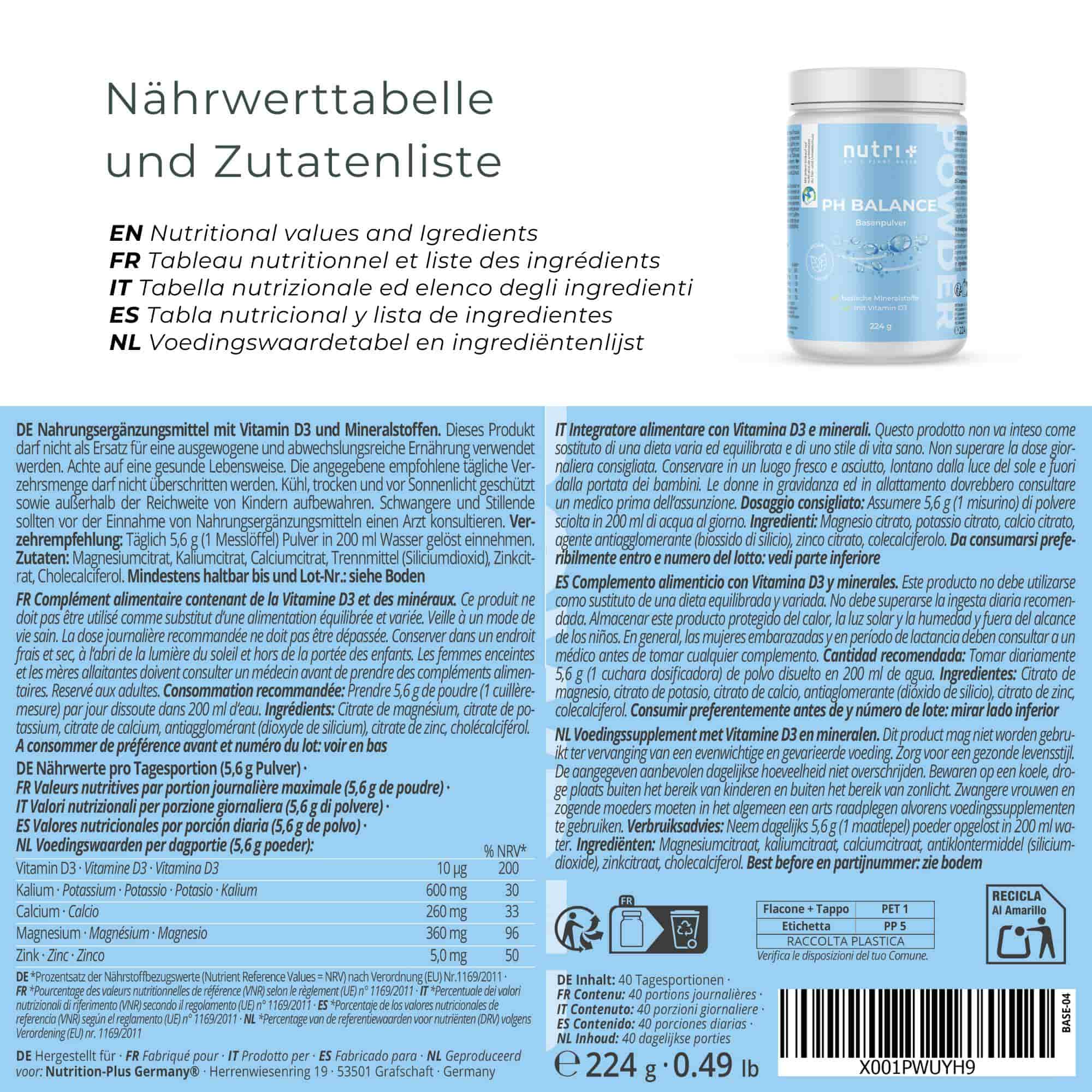 Rückansicht des Basenpulvers - Vitalstoffe für Säure-Basen-Haushalt in einer weißen Dose mit blauer Beschriftung.