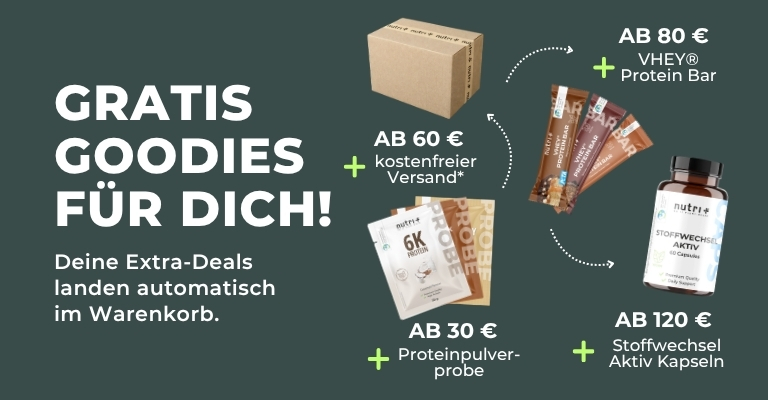 Werbung für gratis Goodies mit verschiedenen Angeboten, Proteinpulverprobe und Aktiv Kapseln.