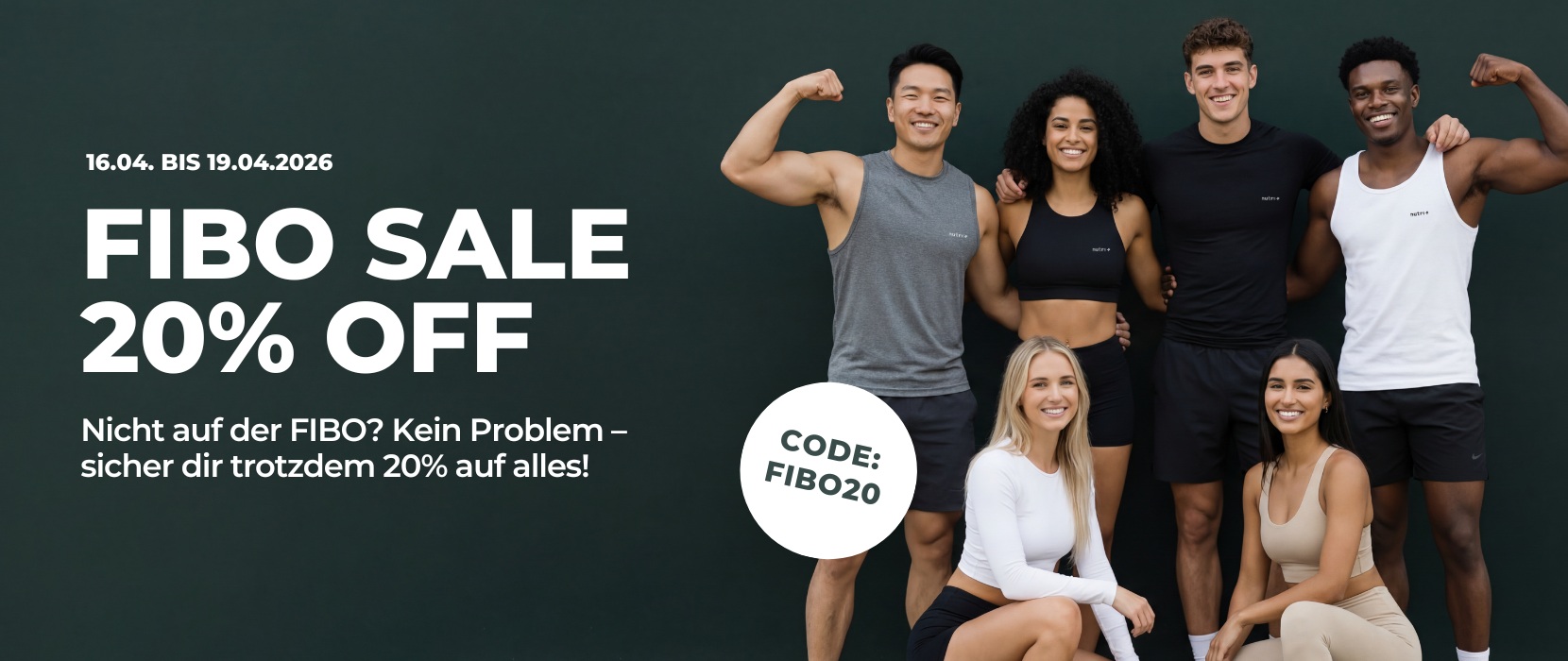 Fibo Sale 20% Rabatt: Gruppe von sechs Models in Sportkleidung, Werbebanner für Rabattcode.