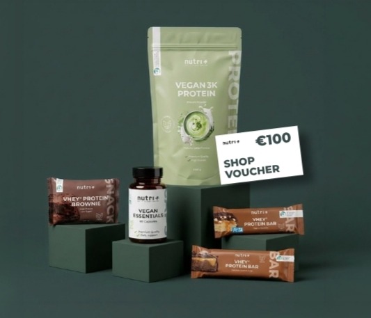 Nutre product display featuring Vegan 3K Protein, Vegan Essentials, and a €100 shop voucher.
