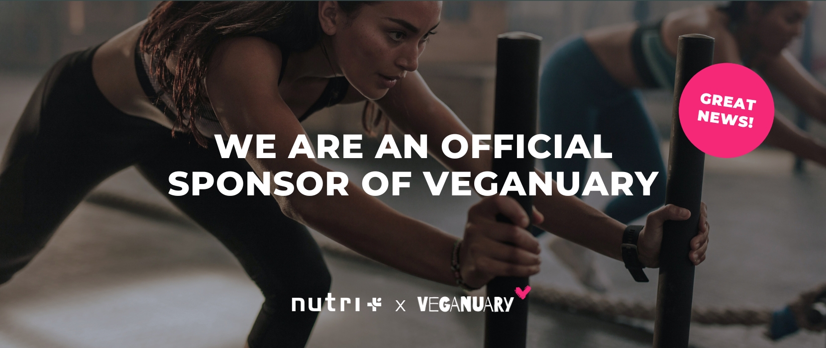 Workout promotion: Woman using battle ropes, with Nutri+ as an official sponsor of Veganuary.