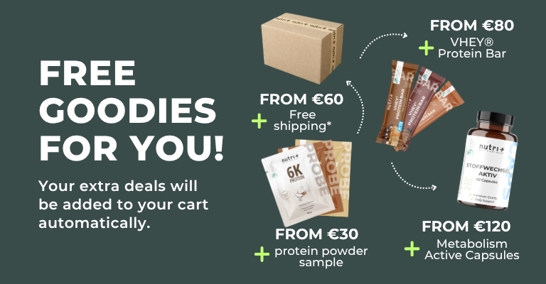 Promotional image for free goodies with purchases: protein bar, protein sample, active capsules.