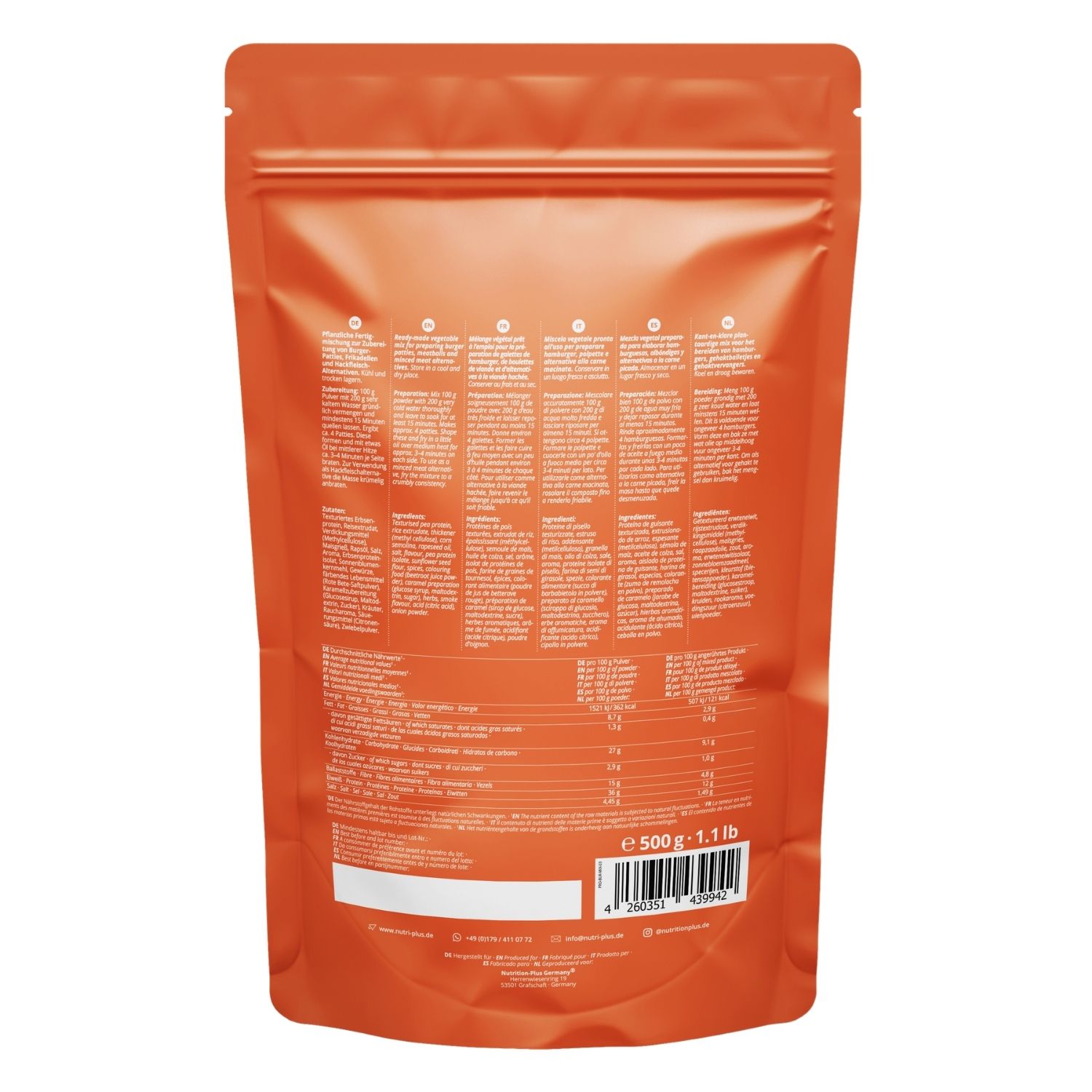 Rückansicht der Verpackung mit Nährwertangaben des Burger - Plant-Based Patty Mix.