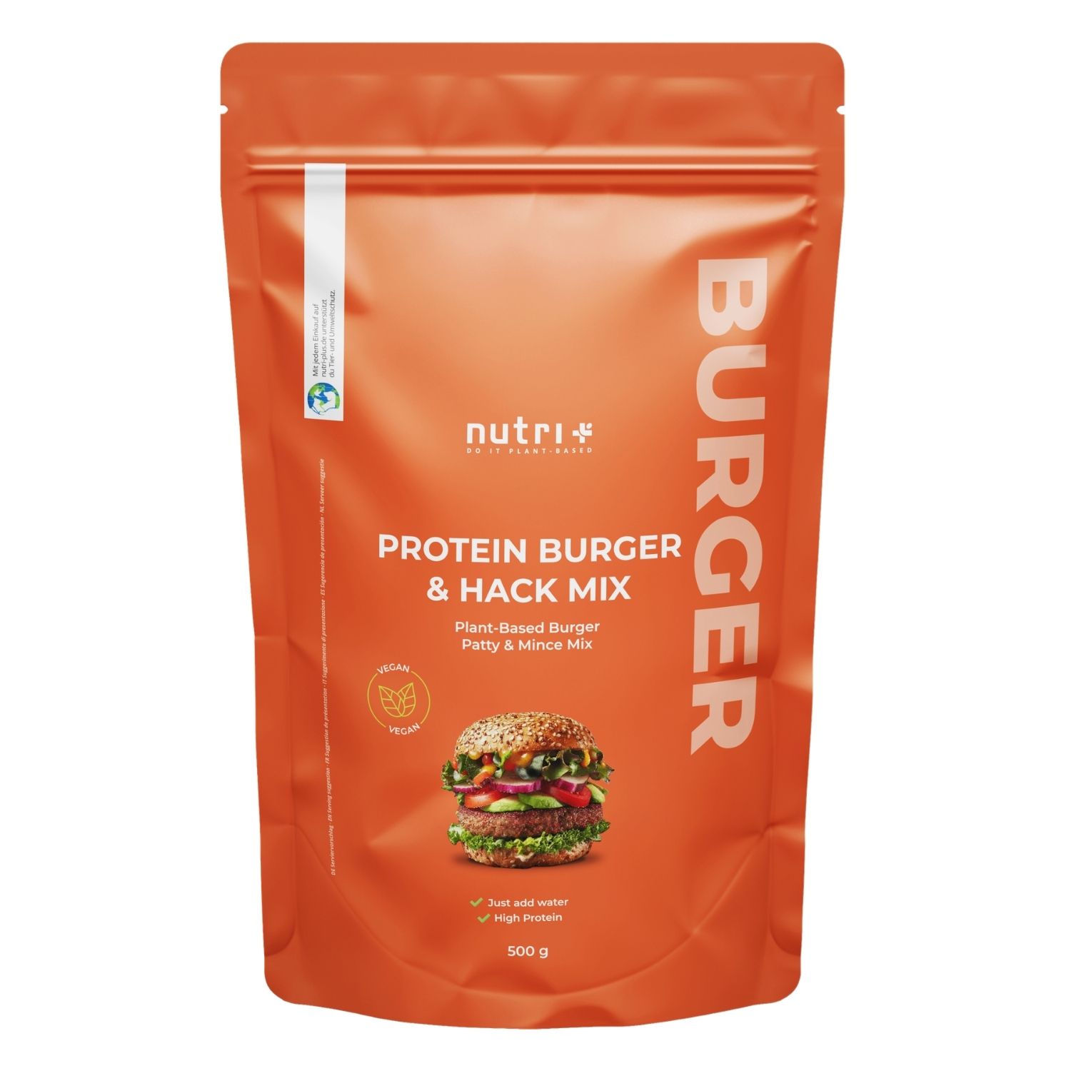 Burger - Plant-Based Patty Mix in einer 500g Verpackung mit ansprechendem Design und veganem Label.