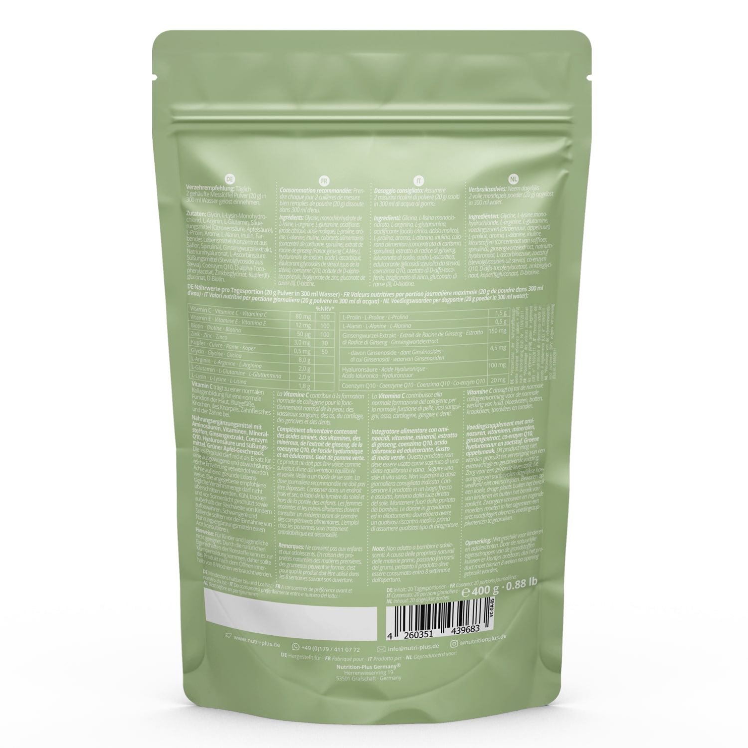 Rückansicht des Vegan Collagen Formation Support Pulvers in grünem Apfelgeschmack im Beutel.