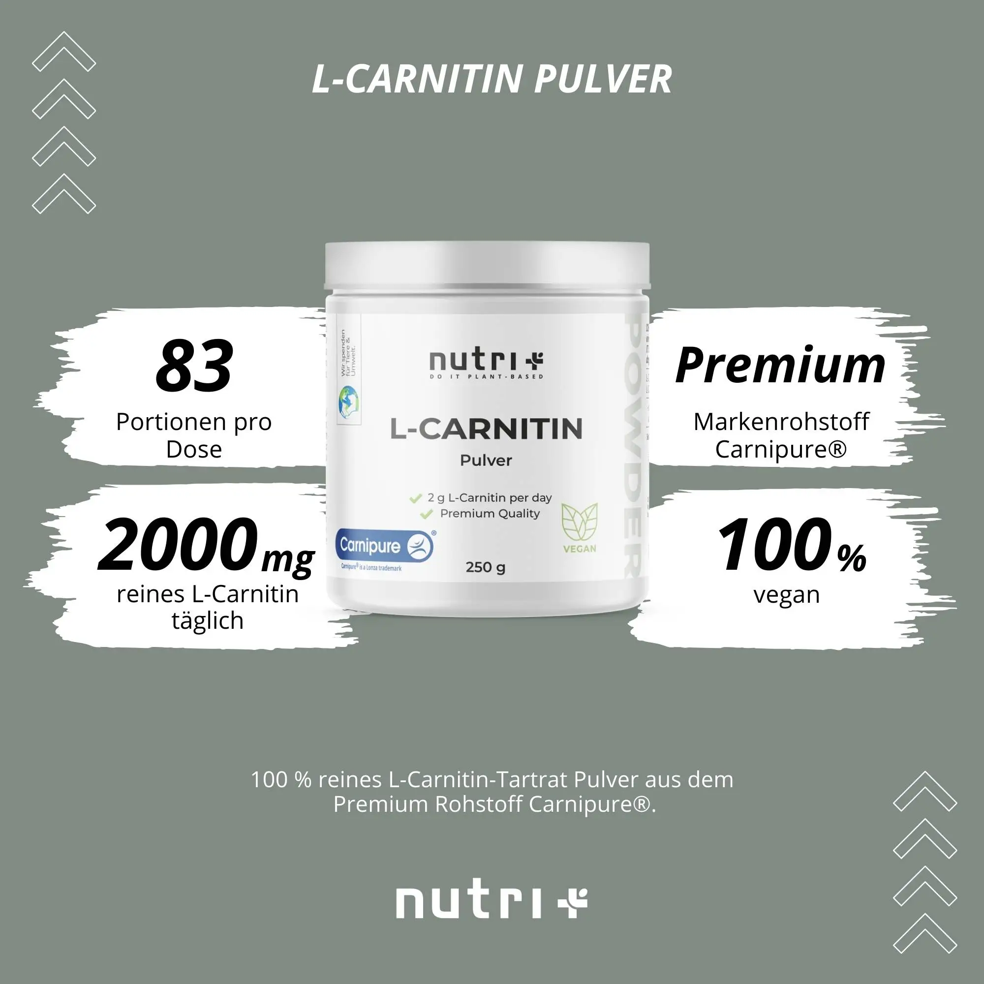 L-Carnitin Pulver (Carnipure®) in weißer Dose mit Angaben zu Portionen und Inhaltsstoffen.