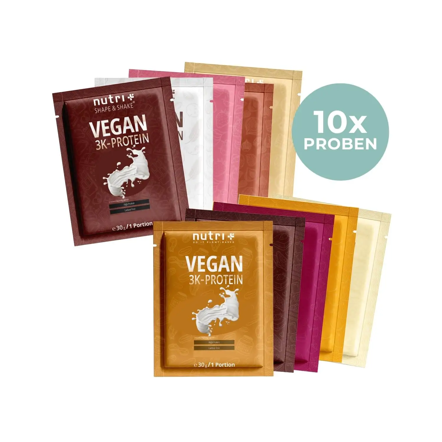 Vegan 3K Protein Box mit 10 Proben in verschiedenen Geschmacksrichtungen für proteinreiche Shakes.