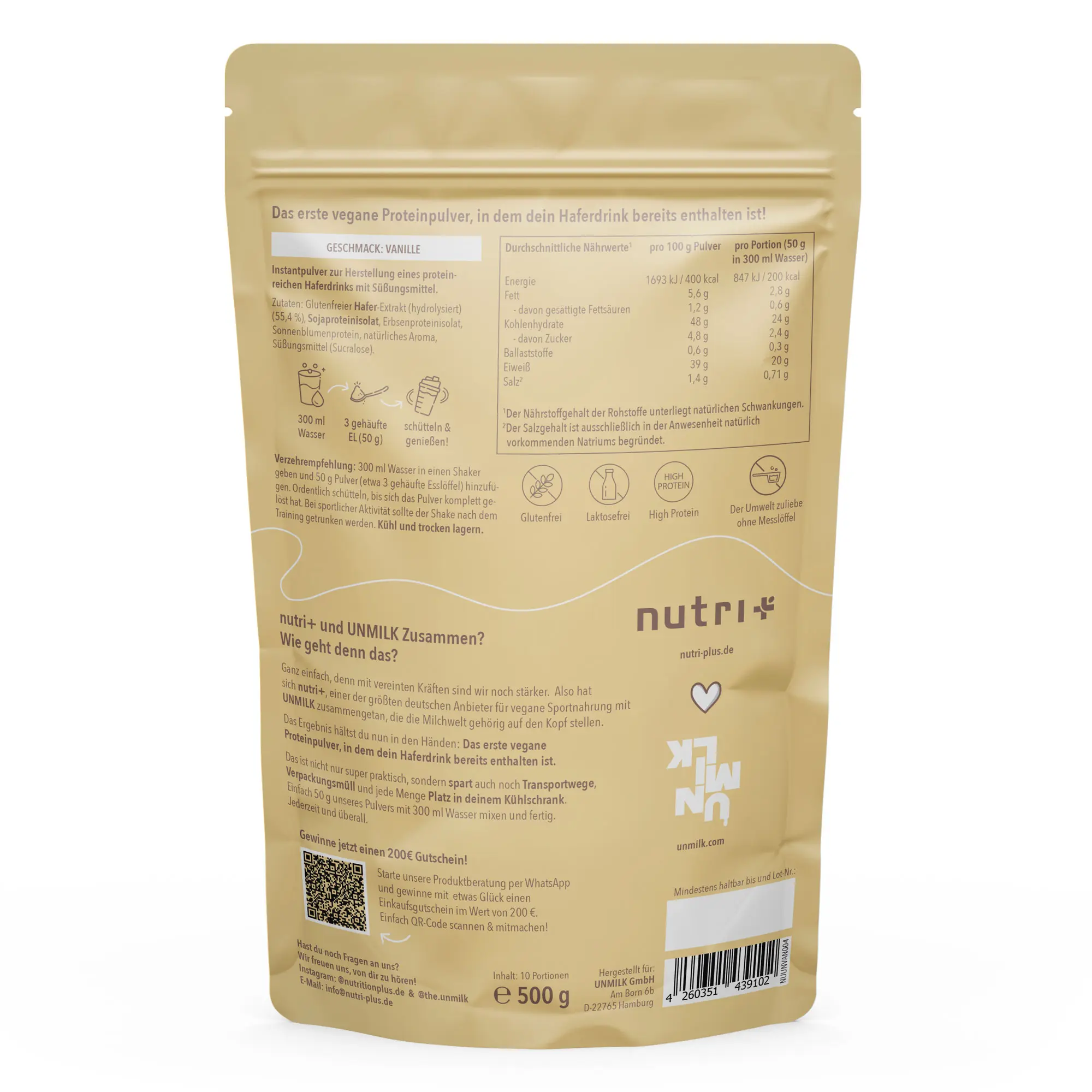 Rückansicht des Produkts 2 in 1 VEGAN PROTEIN + Haferdrink Vanille in einer 500g Verpackung.