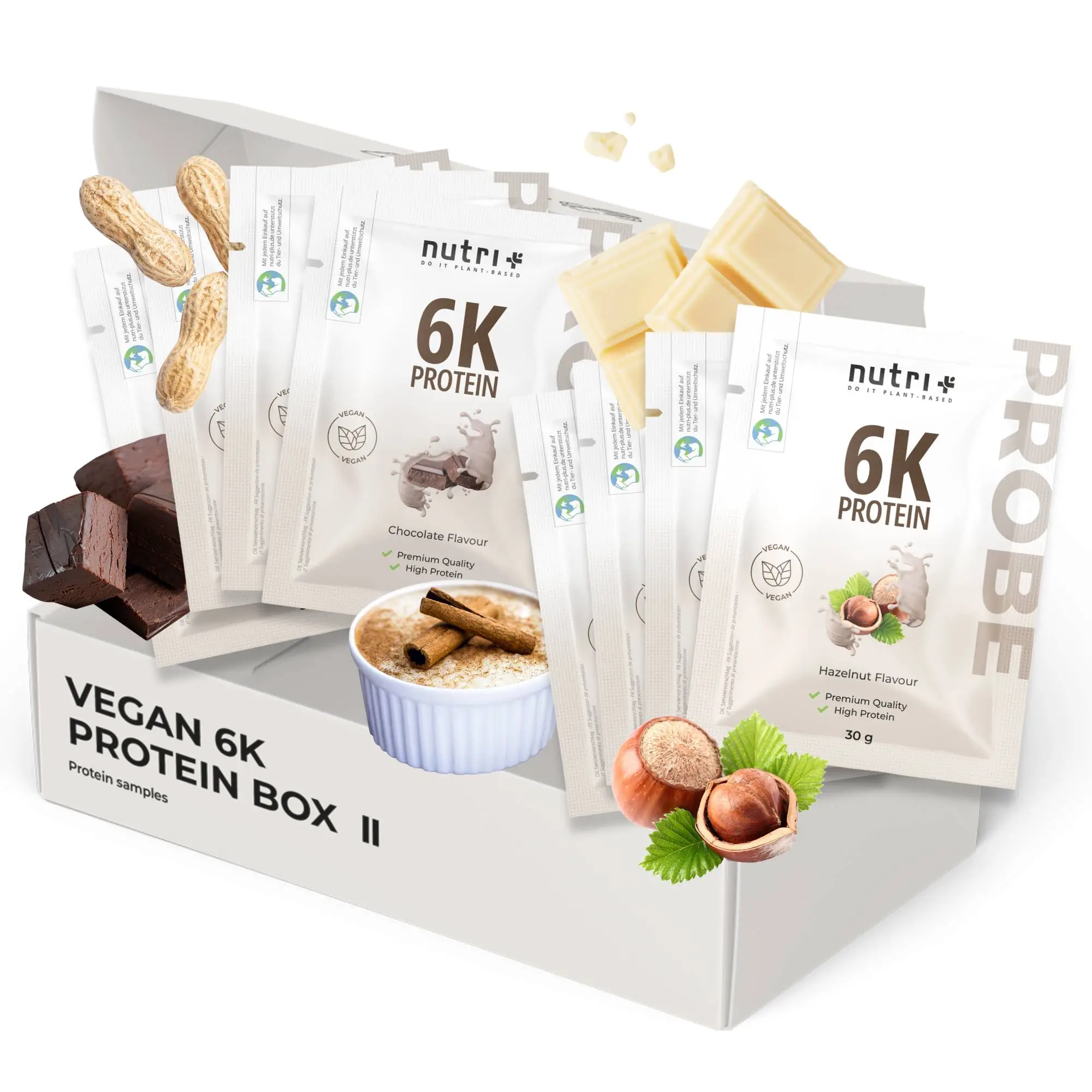 Vegan 6K Protein Box II mit verschiedenen Portionspackungen und leckerem Beispielgericht in einem ansprechenden Paket.