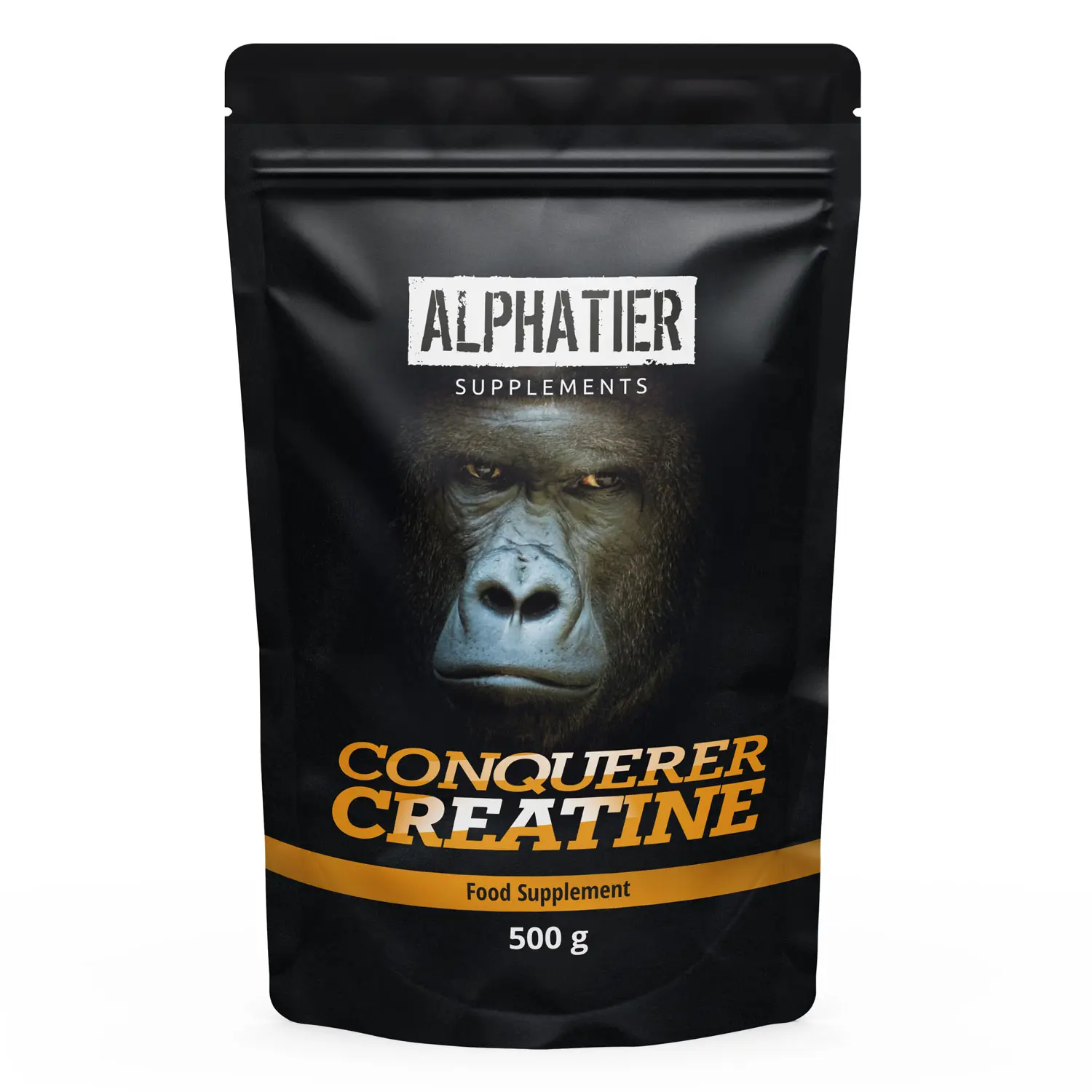 Verpackung von Alphatier Conquerer Creatin (Creapure®) Pulver mit Gorilla-Motiv und 500 g Gewicht.