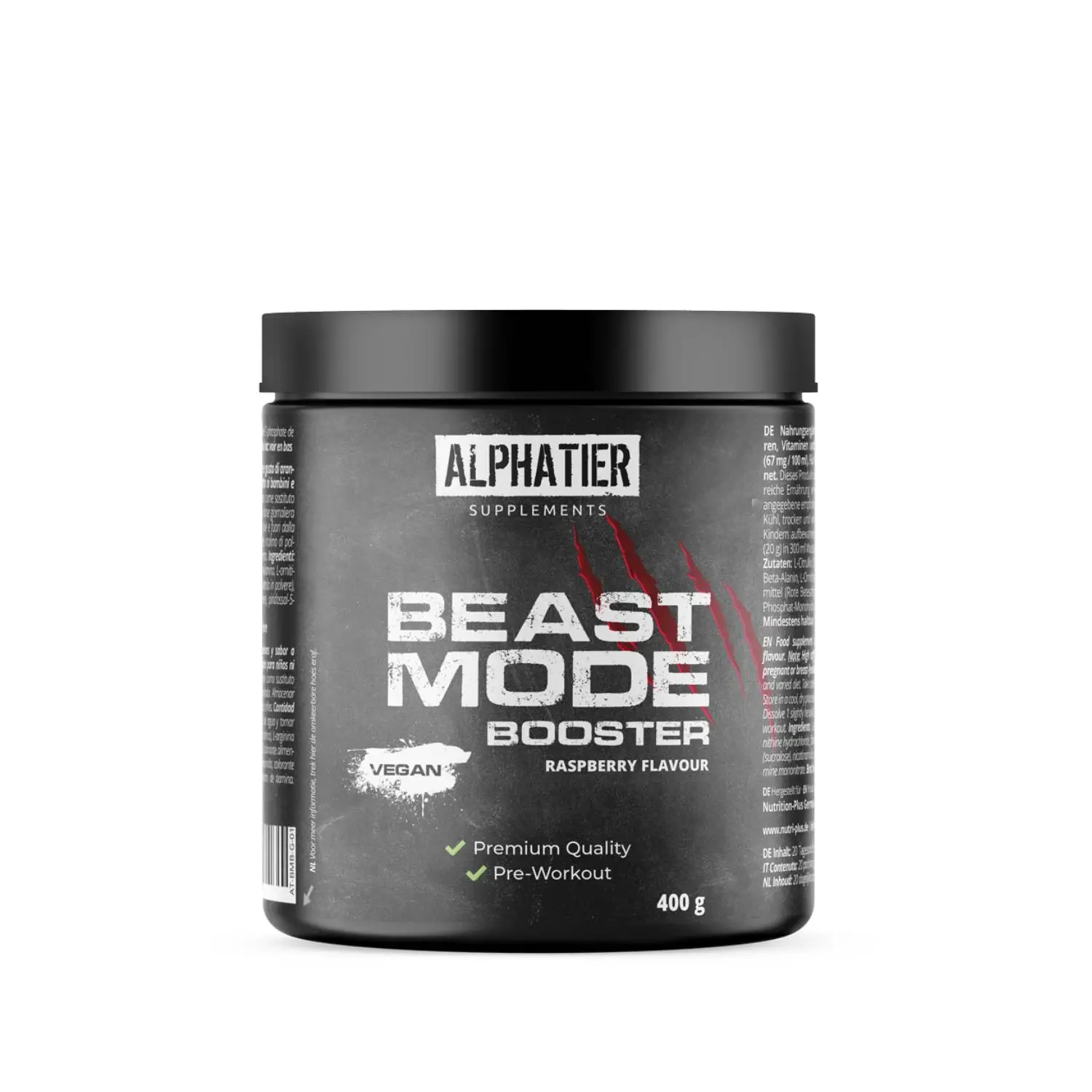 Beast Mode Booster - Pre-Workout Shake Raspberry in schwarzem Behälter mit 400 g Inhalt.