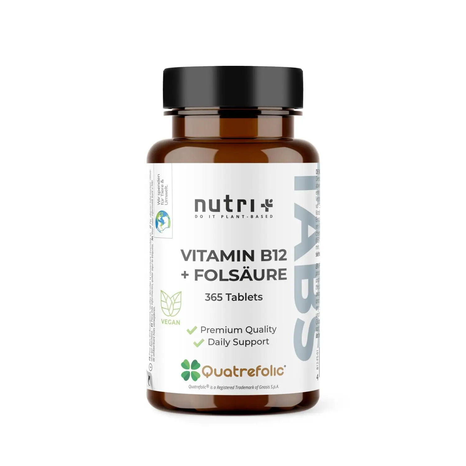 Flasche mit Vitamin B12 + Folsäure Tabletten, 365 Stück, vegane Premiumqualität für tägliche Unterstützung.