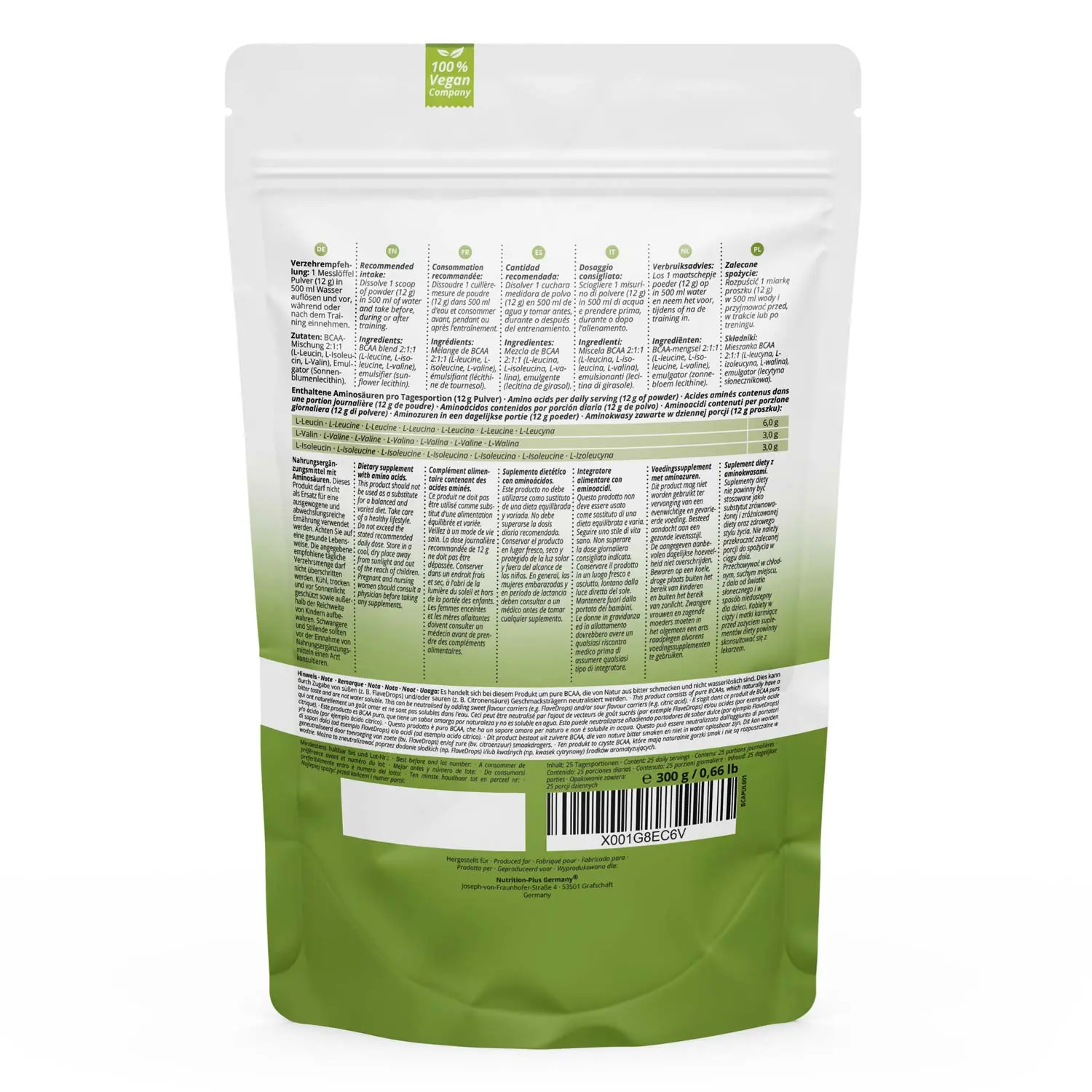 Rückansicht des BCAA Instant Pulvers Natural mit Inhaltsstoffliste und Nährwertangaben auf der Verpackung.