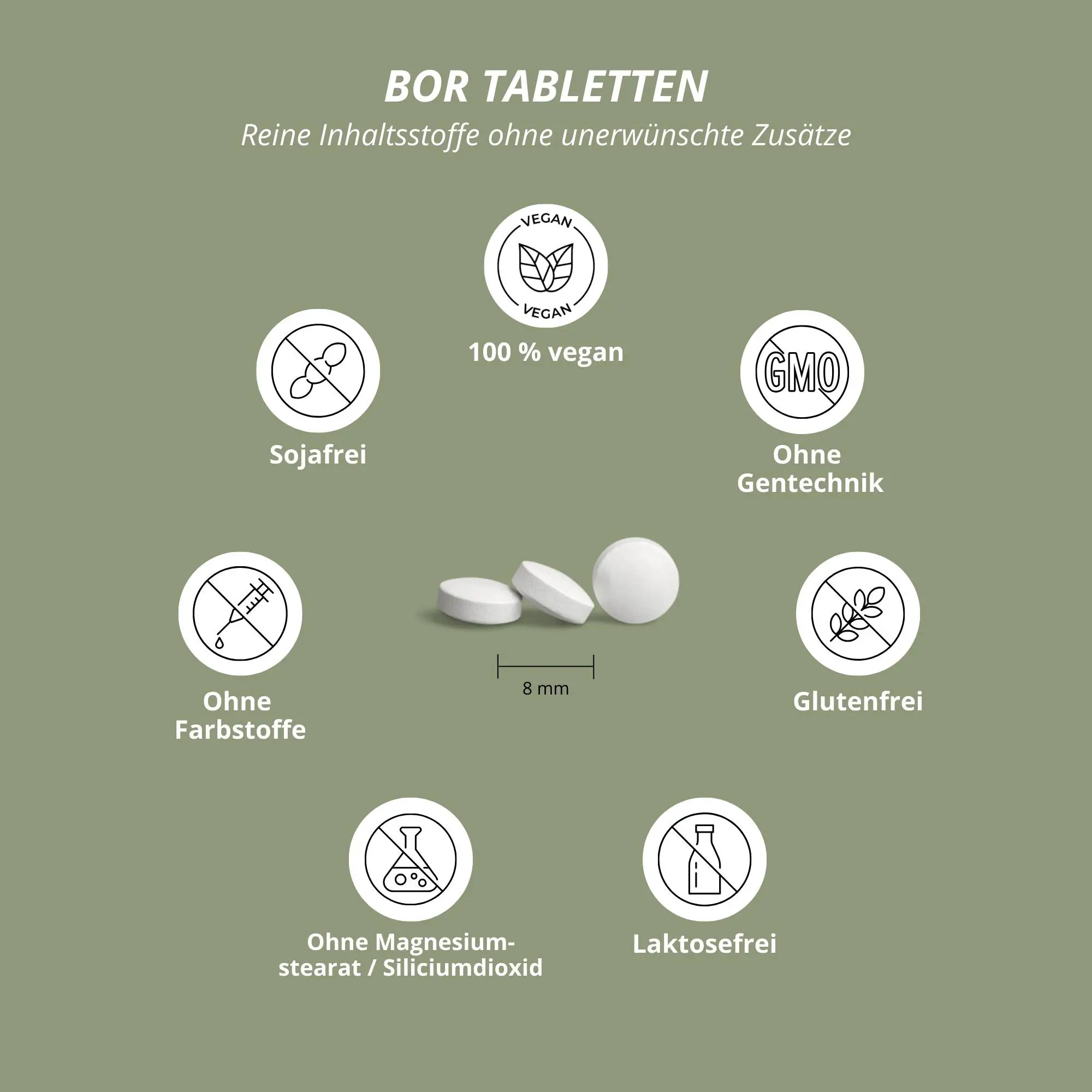 Bor Tabletten in Weiß, auf Grünem Hintergrund, mit Icons für Inhaltsstoffe und Qualitätshinweise.