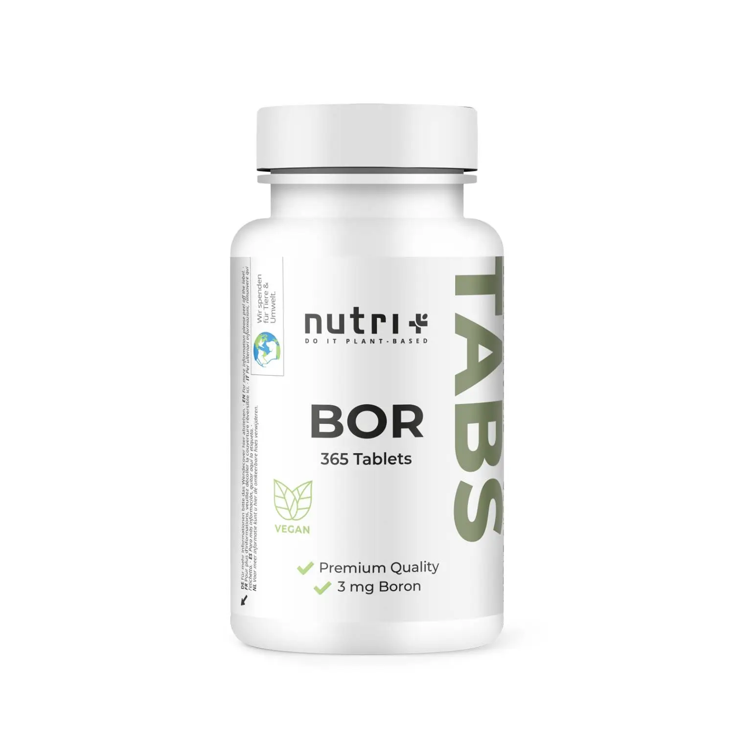 Flasche mit Bor Tabletten von Nutri, 365 vegane Tabletten mit 3 mg Bor pro Tablette.