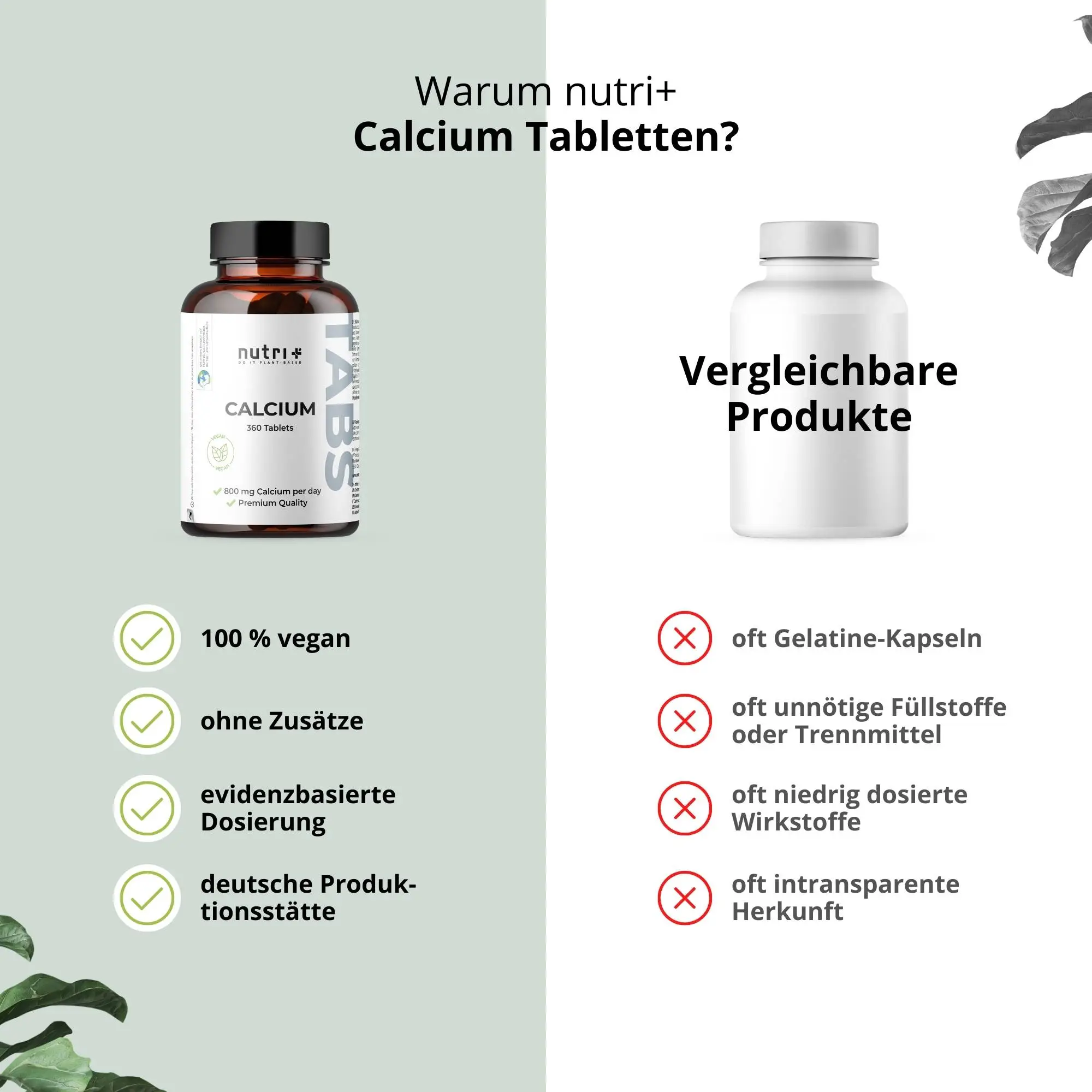 Produktansicht der Calcium Tabletten von nutri+ mit veganen Inhaltsstoffen und Dosierungsinformationen.