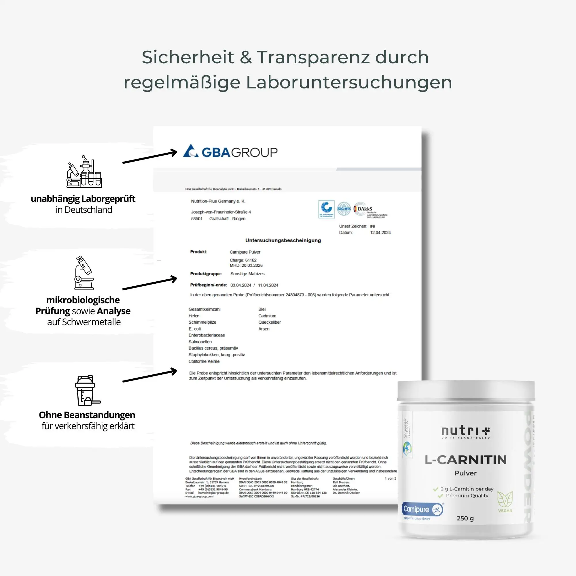Zertifikat für L-Carnitin Pulver (Carnipure®) mit Laboranalysen und Sicherheitsinformationen.