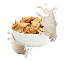 Schale mit knusprigen Frühstücksflocken, umgeben von spritzender Milch.