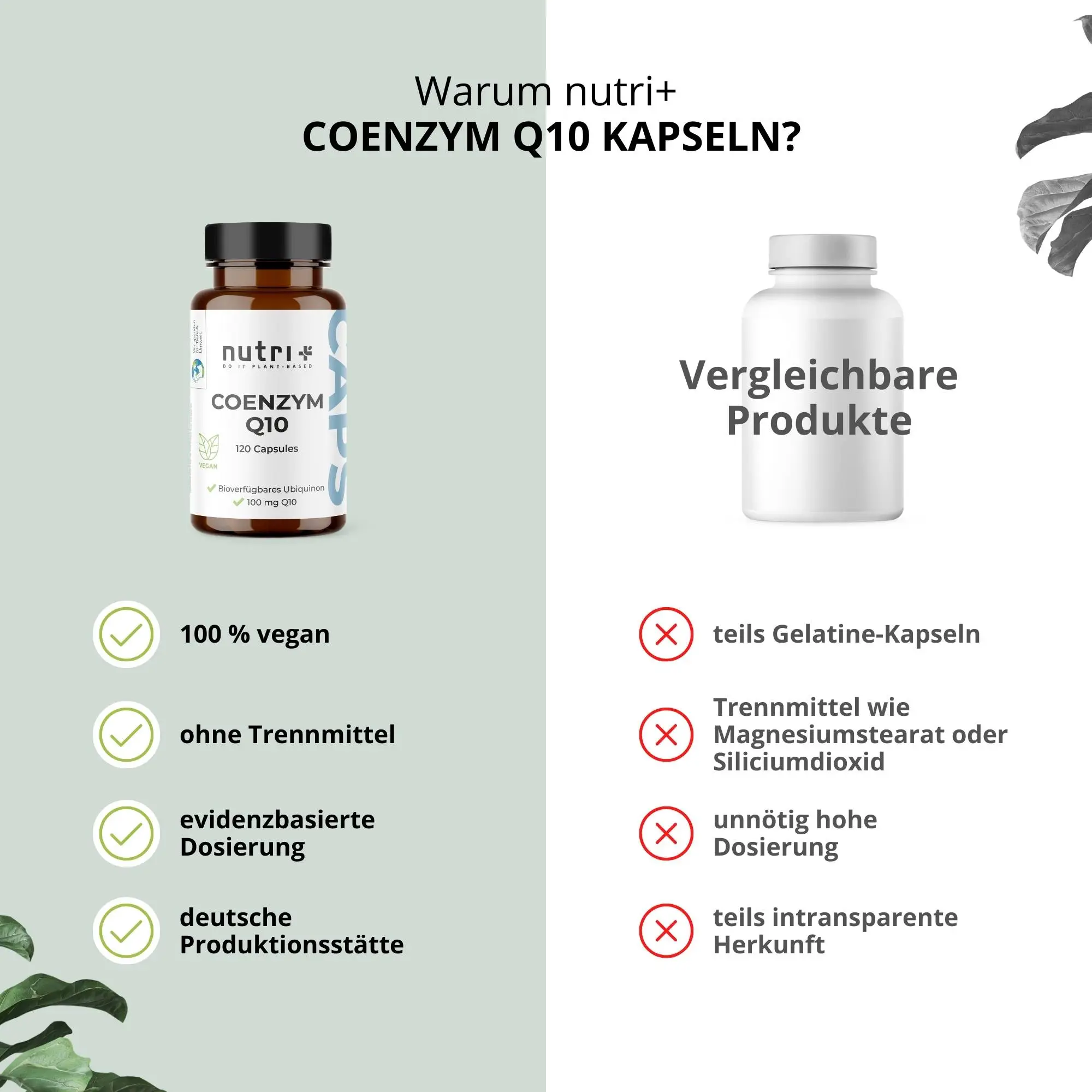 Vergleich nutri+ Coenzym Q10 Kapseln vs. vergleichbare Produkte – veganes Q10 Supplement ohne Zusatzstoffe, hergestellt in Deutschland