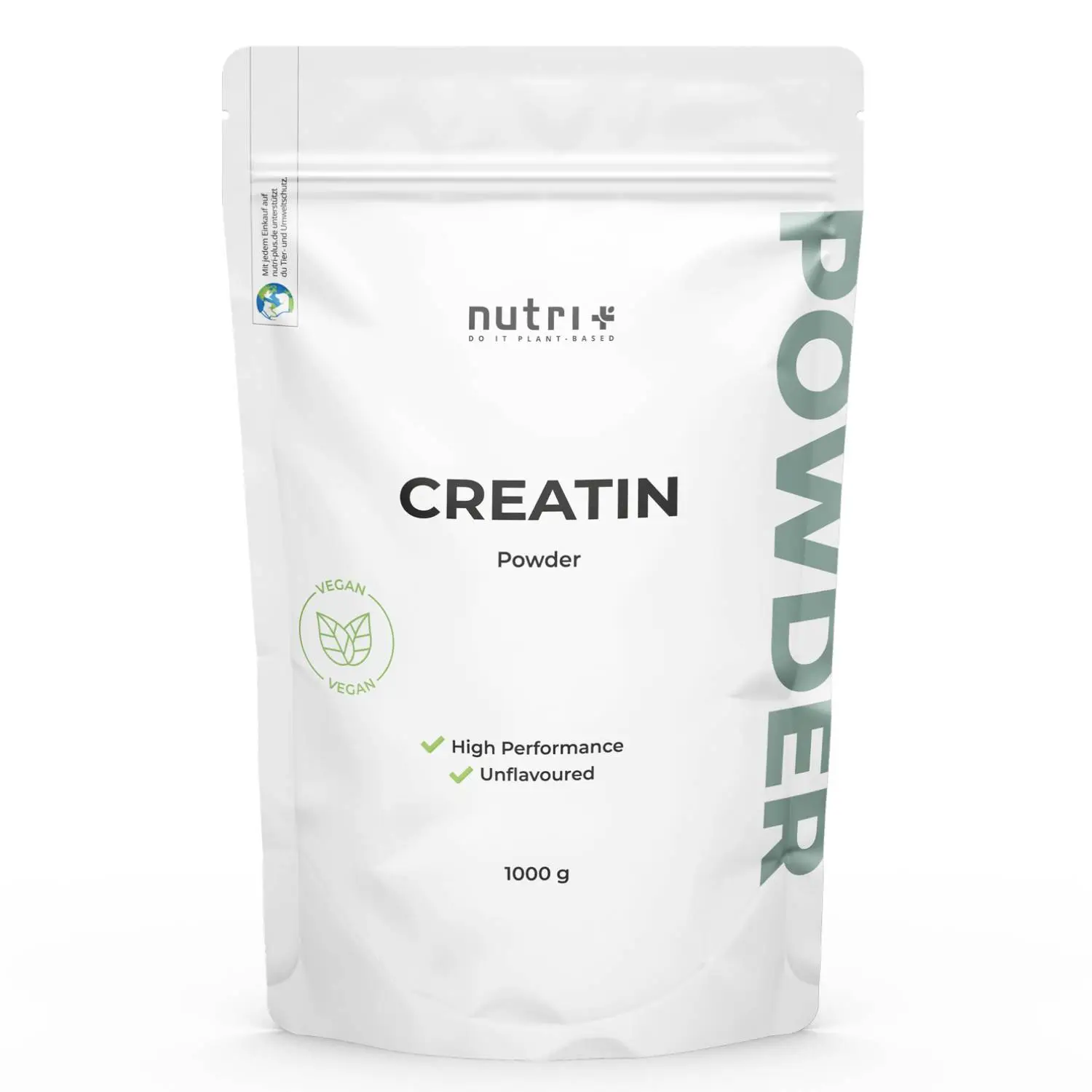 Creatin-Monohydrat Pulver 1 kg in weißer Verpackung mit grüner Schrift und veganem Symbol.