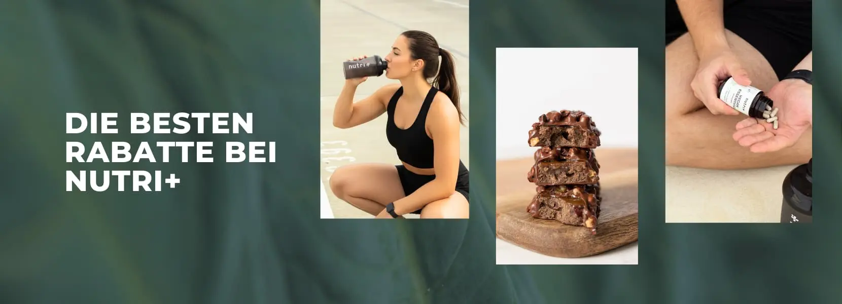 Collage mit einer sportlichen Frau, Nutri+-Produkten und Proteinriegeln auf Holzbrett.