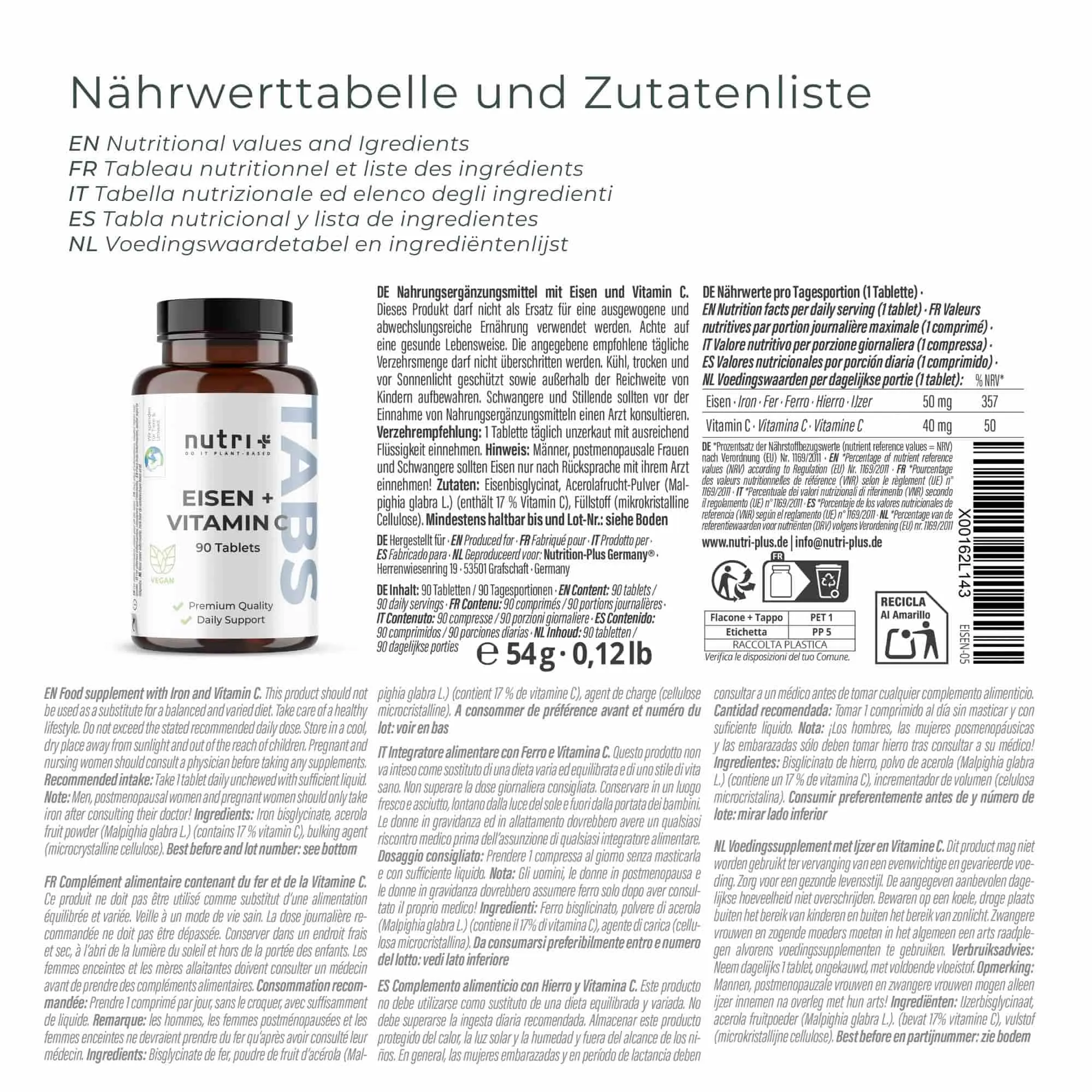 Nährwerttabelle und Zutatenliste für Eisen + Vitamin C Tabletten in einer Flasche.