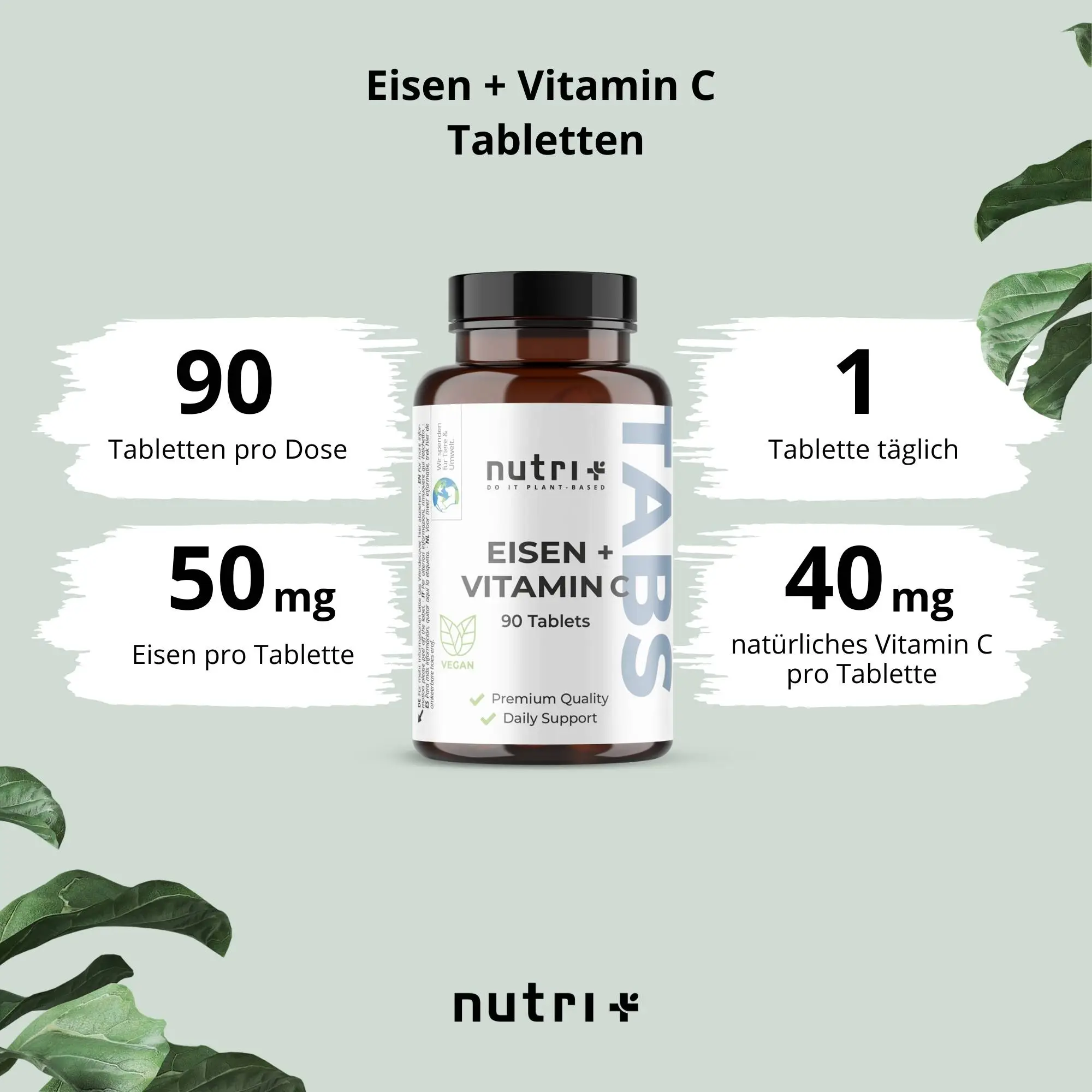 Eisen + Vitamin C Tabletten: Flasche mit 90 Tabletten, 50 mg Eisen und 40 mg Vitamin C pro Tablette.