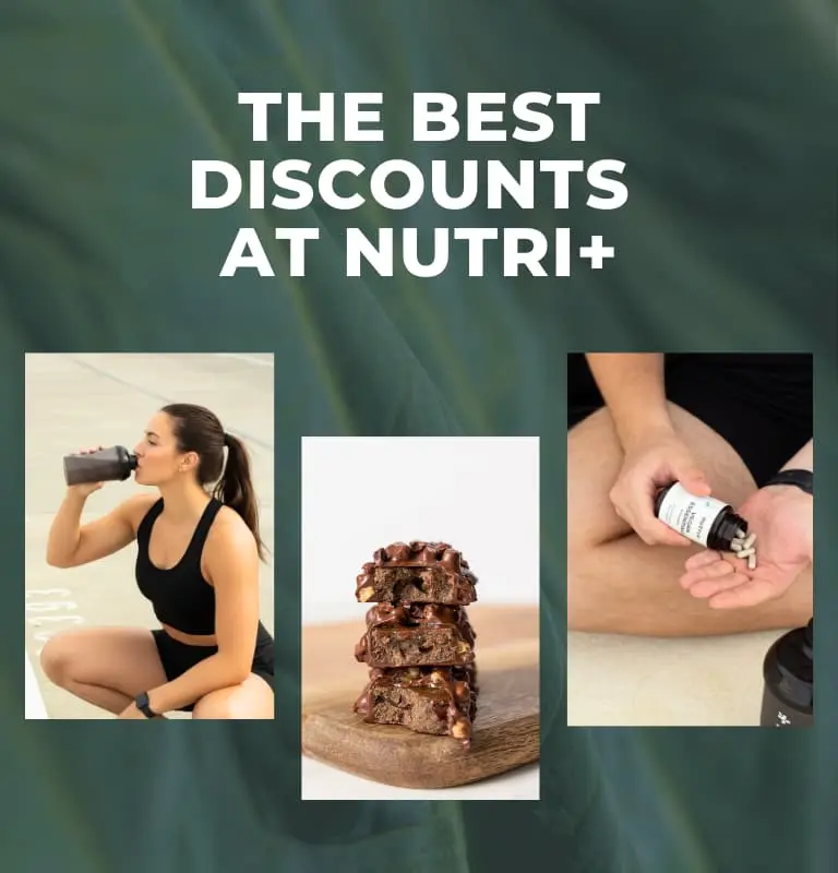 Promotional image for Nutri+ featuring discounts, healthy snacks, and fitness products.