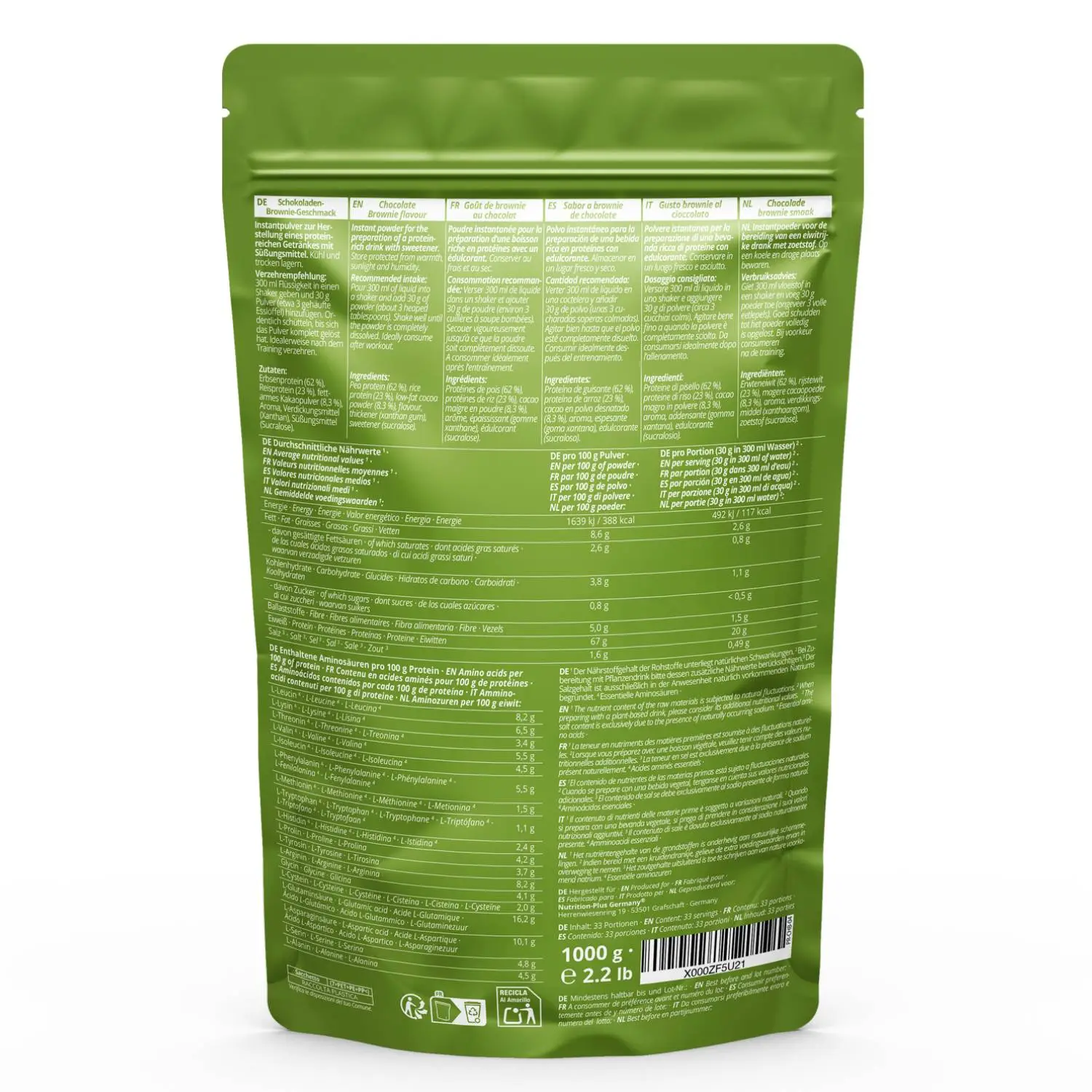 Rückansicht der Verpackung des Pea-Rice Proteinpulvers Chocolate Brownie mit Nährwertangaben.
