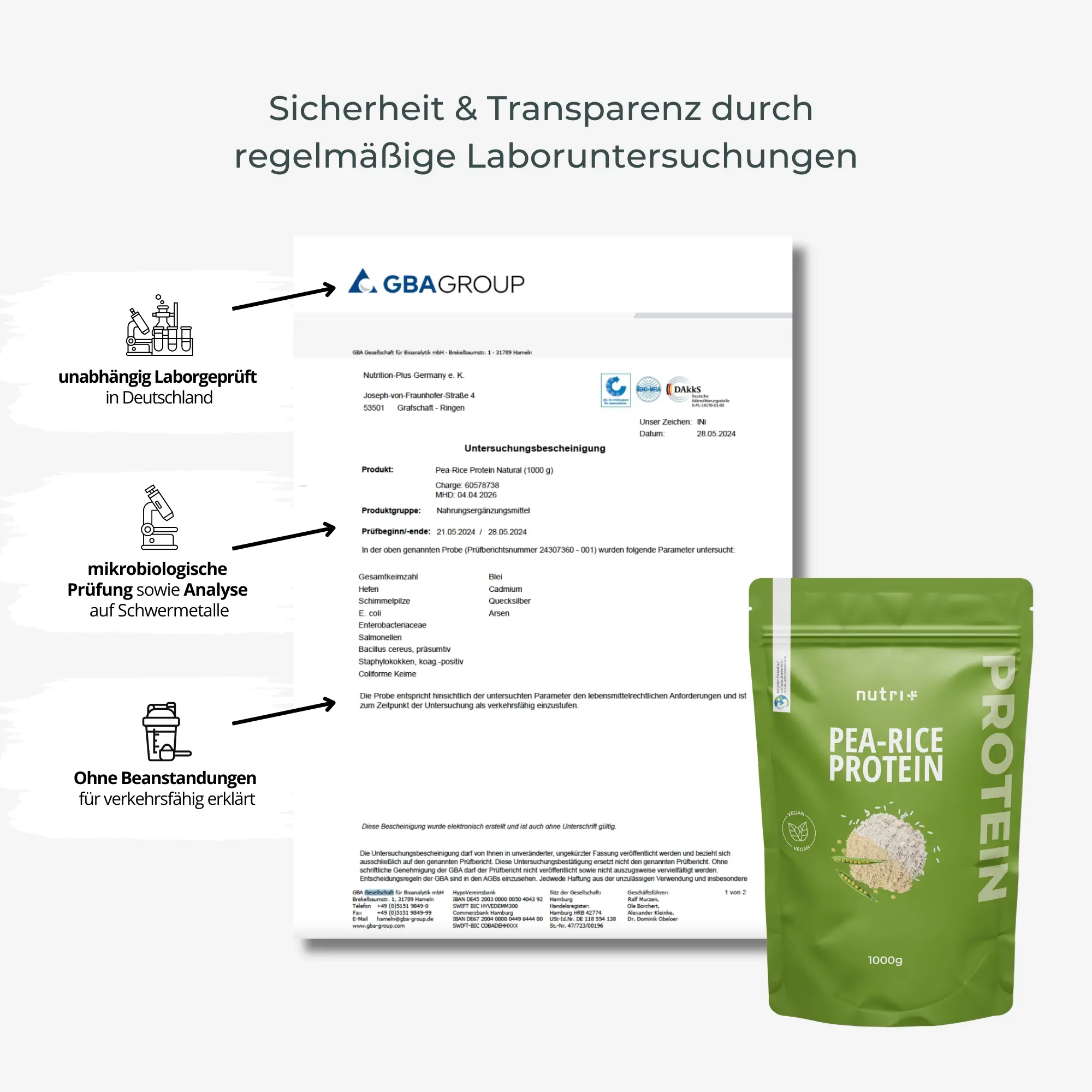 Laboruntersuchung und Sicherheitshinweise für Pea-Rice Proteinpulver Chocolate Brownie.