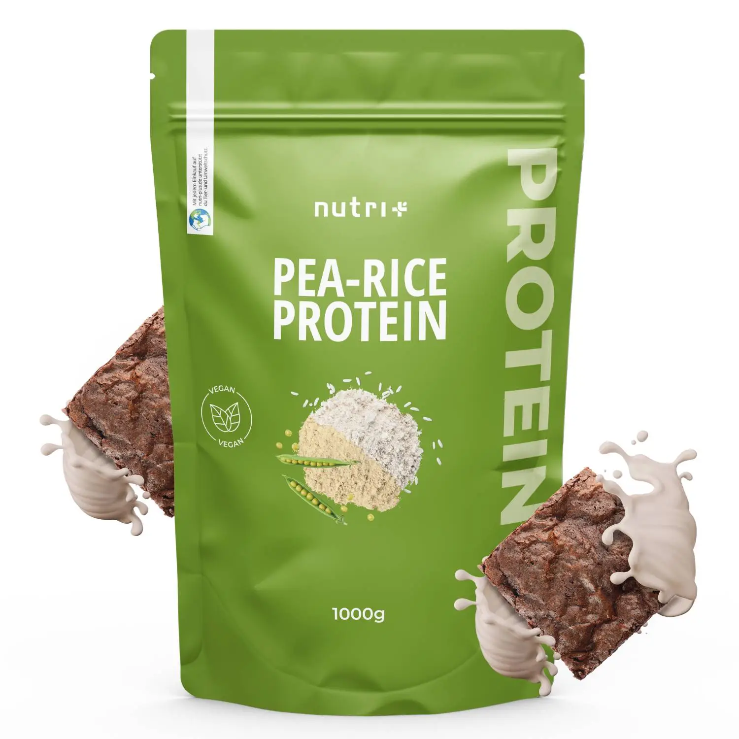 Pea-Rice Proteinpulver Chocolate Brownie in grüner Verpackung mit Proteinriegeln an den Seiten.