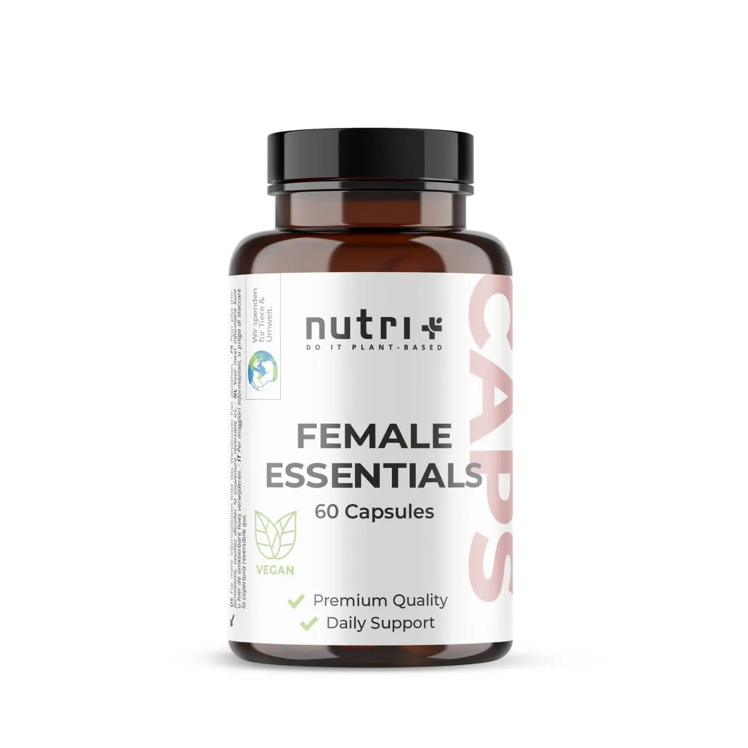 Flasche der Female Essentials Kapseln mit 60 Kapseln für die Unterstützung der Nährstoffversorgung von Frauen.