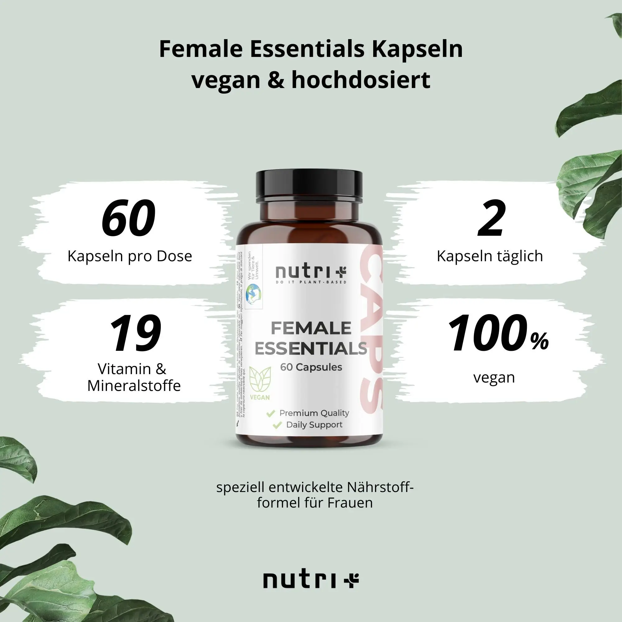 Female Essentials Kapseln in Flasche mit 60 Kapseln, vegan und hochdosiert für die Nährstoffversorgung von Frauen.