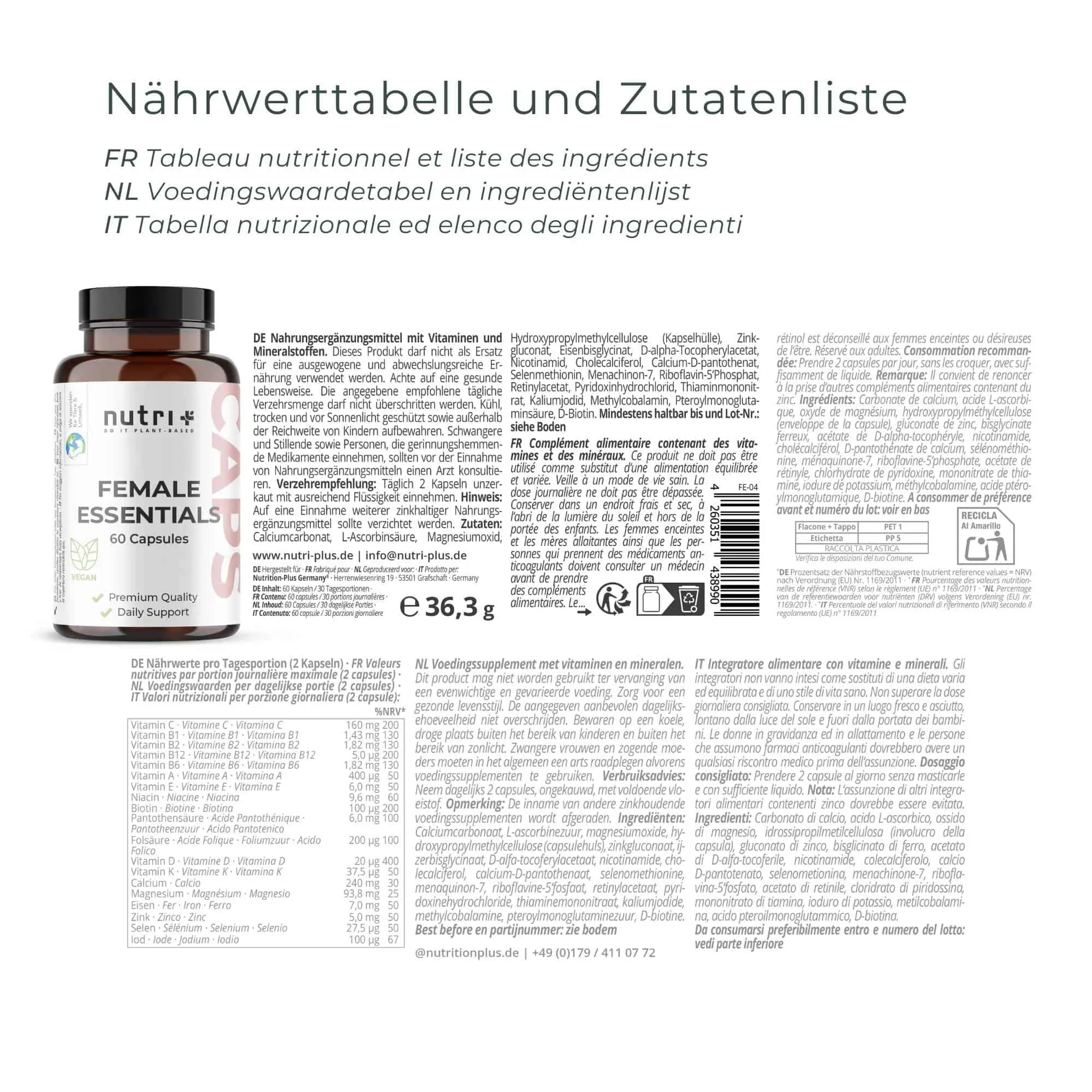Nährwerttabelle und Zutatenliste für Female Essentials Kapseln, Nahrungsergänzungsmittel für Frauen.
