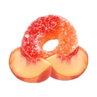 Saftige Pfirsichhälften mit einem bunten Donut in der Mitte, ideal für süße Snacks oder Desserts.