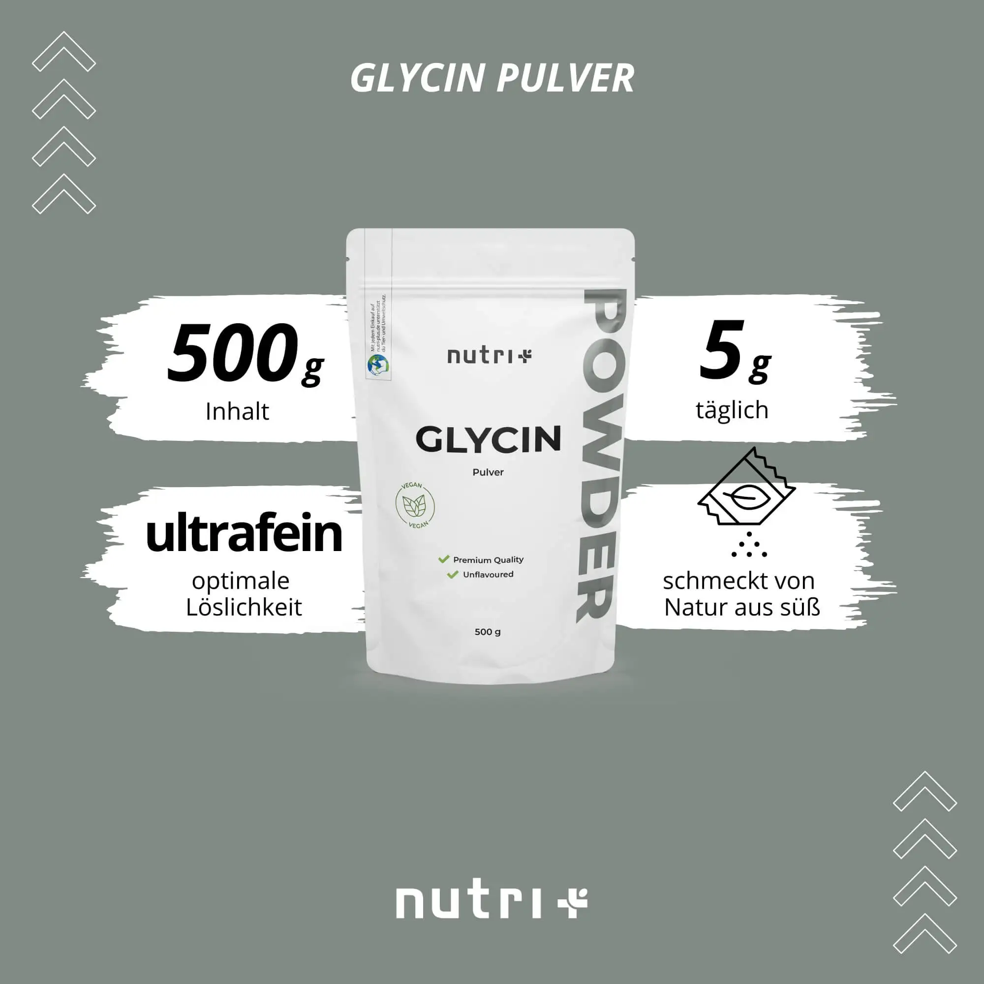 Verpackung des Glycin Pulvers 500 g von nutri+: ultra-fein, optimale Lösung, schmeckt natürlich süß.