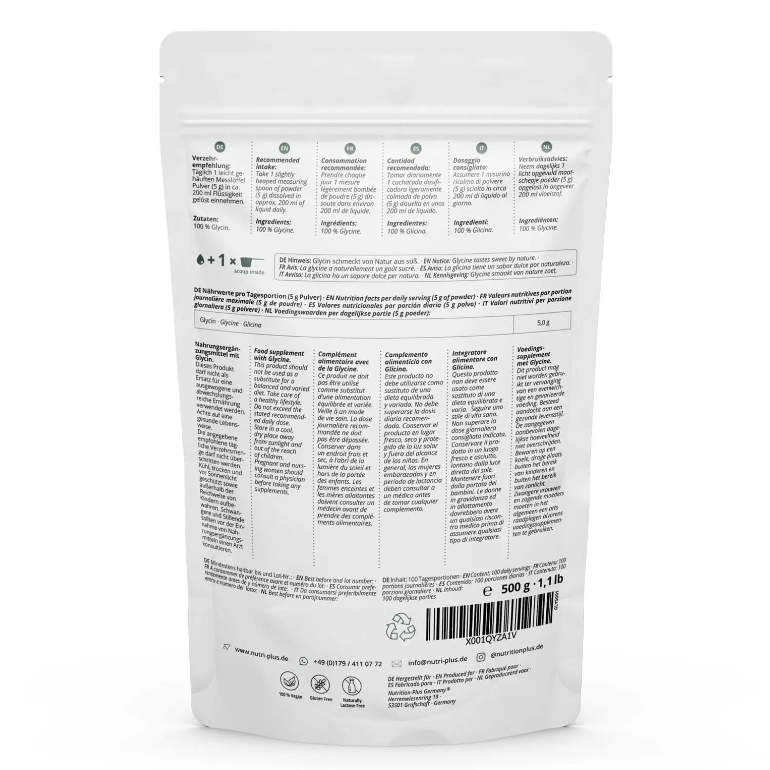 Rückansicht des Glycin Pulvers 500 g mit Nährwertangaben und Zutatenliste auf der Verpackung.