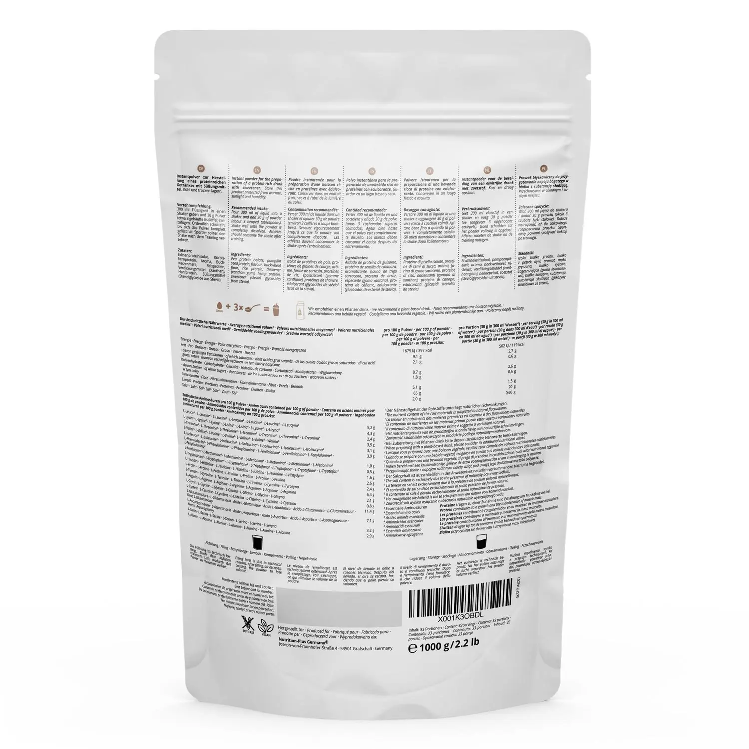 Rückansicht der Verpackung des Vegan High 5 Protein Hazelnut Cookie mit Nährwertangaben und Zutatenliste.