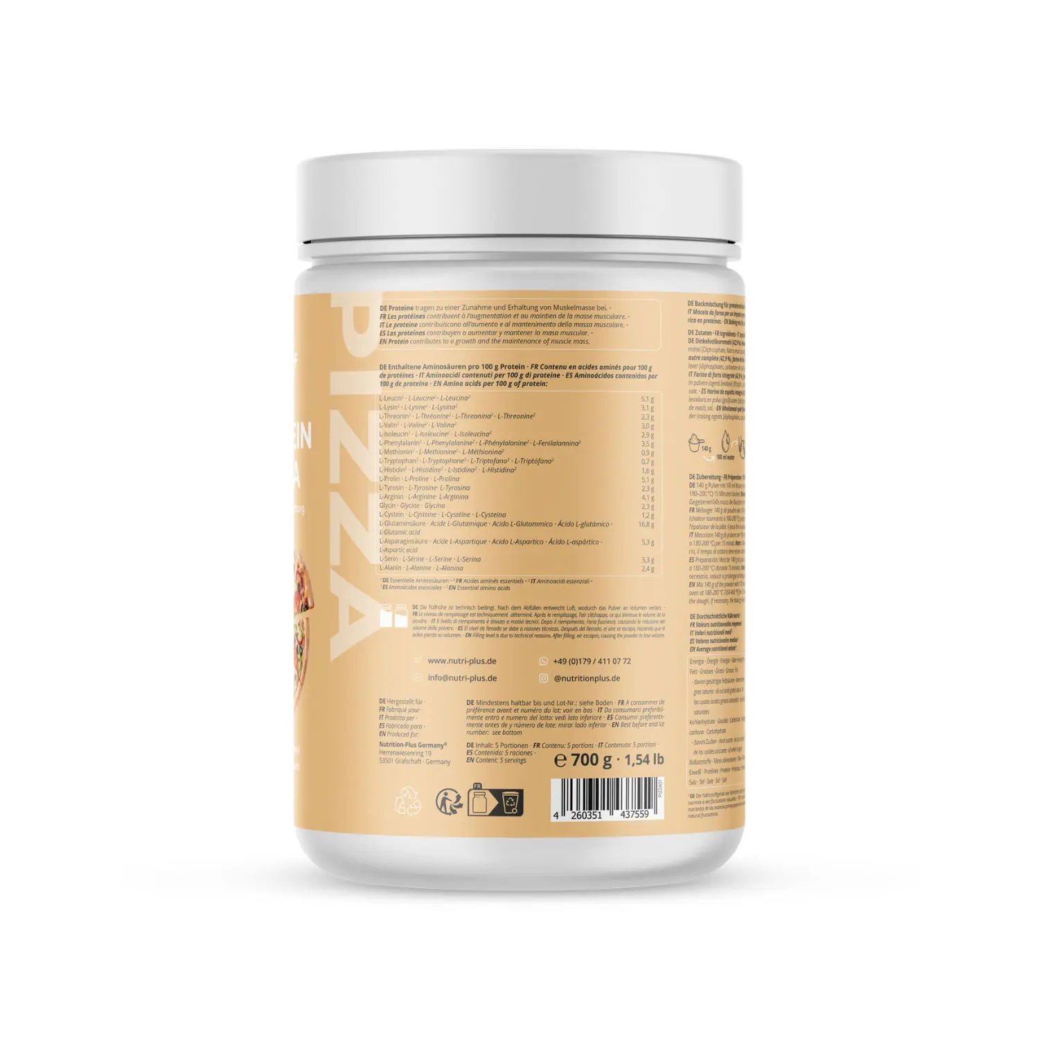 Verpackung des Protein-Pizzateigs mit Nährwertangaben und Zubereitungshinweisen, 700 g.