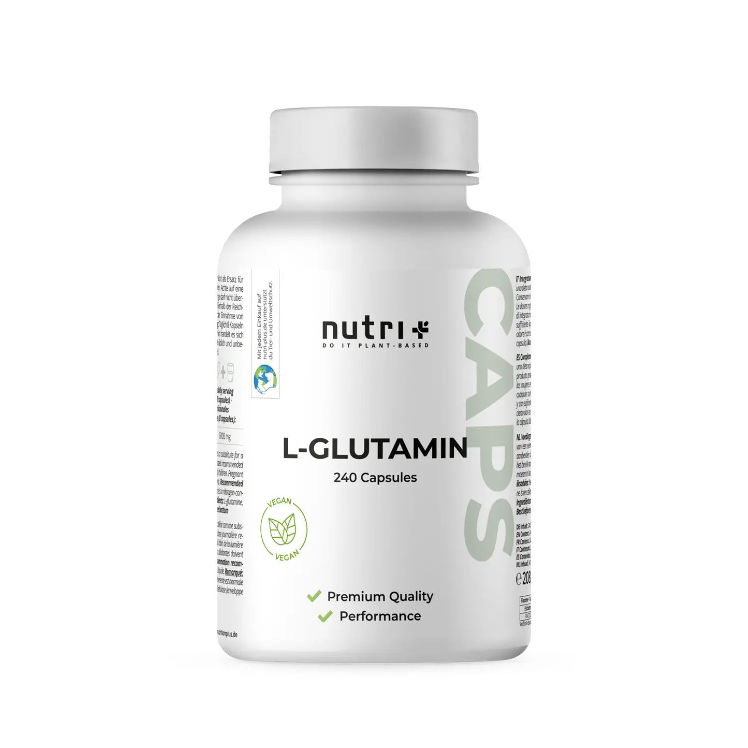 L-Glutamin Kapseln in einer weißen Flasche mit 240 Kapseln für Premium Qualität und Leistung.