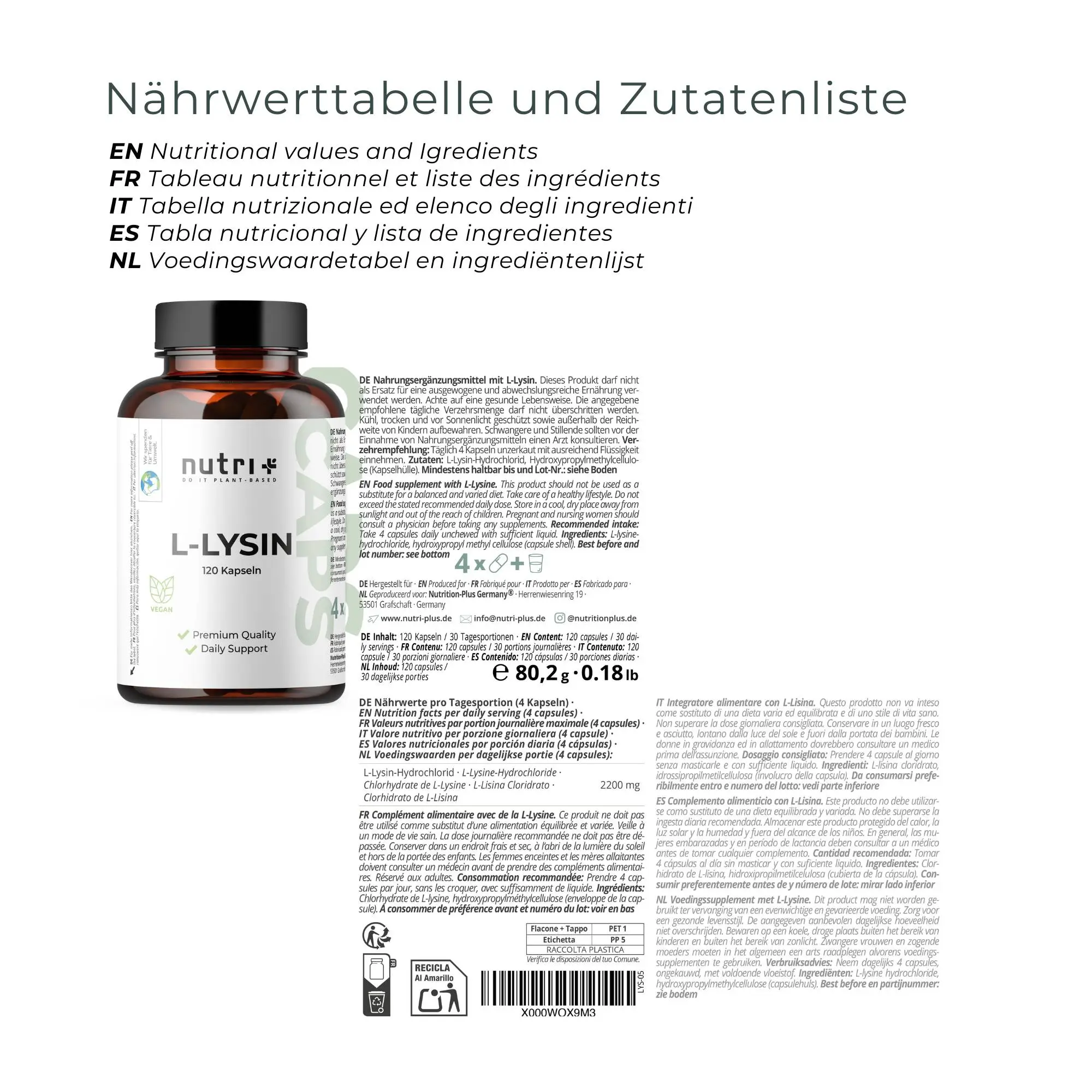 Flasche mit L-Lysin Kapseln von nutri+ und Nährwerttabelle auf der Rückseite.