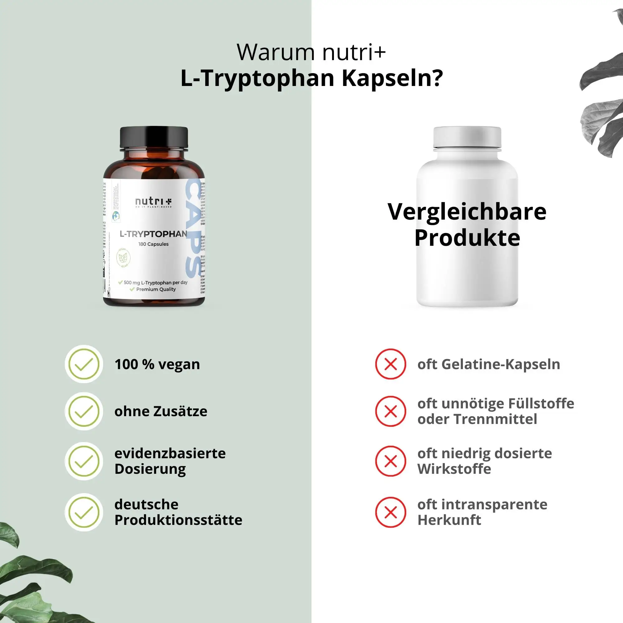 L-Tryptophan Kapseln von nutri+: vegane, hochdosierte Kapseln ohne Zusatzstoffe für verbesserte Stimmung und Schlaf.