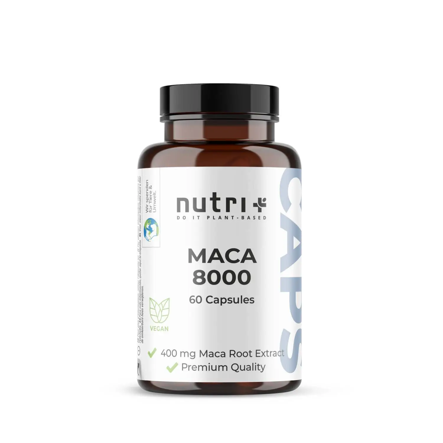 Maca 8000 Kapseln in brauner Flasche mit 60 veganen Kapseln für pflanzliches Potenzmittel.