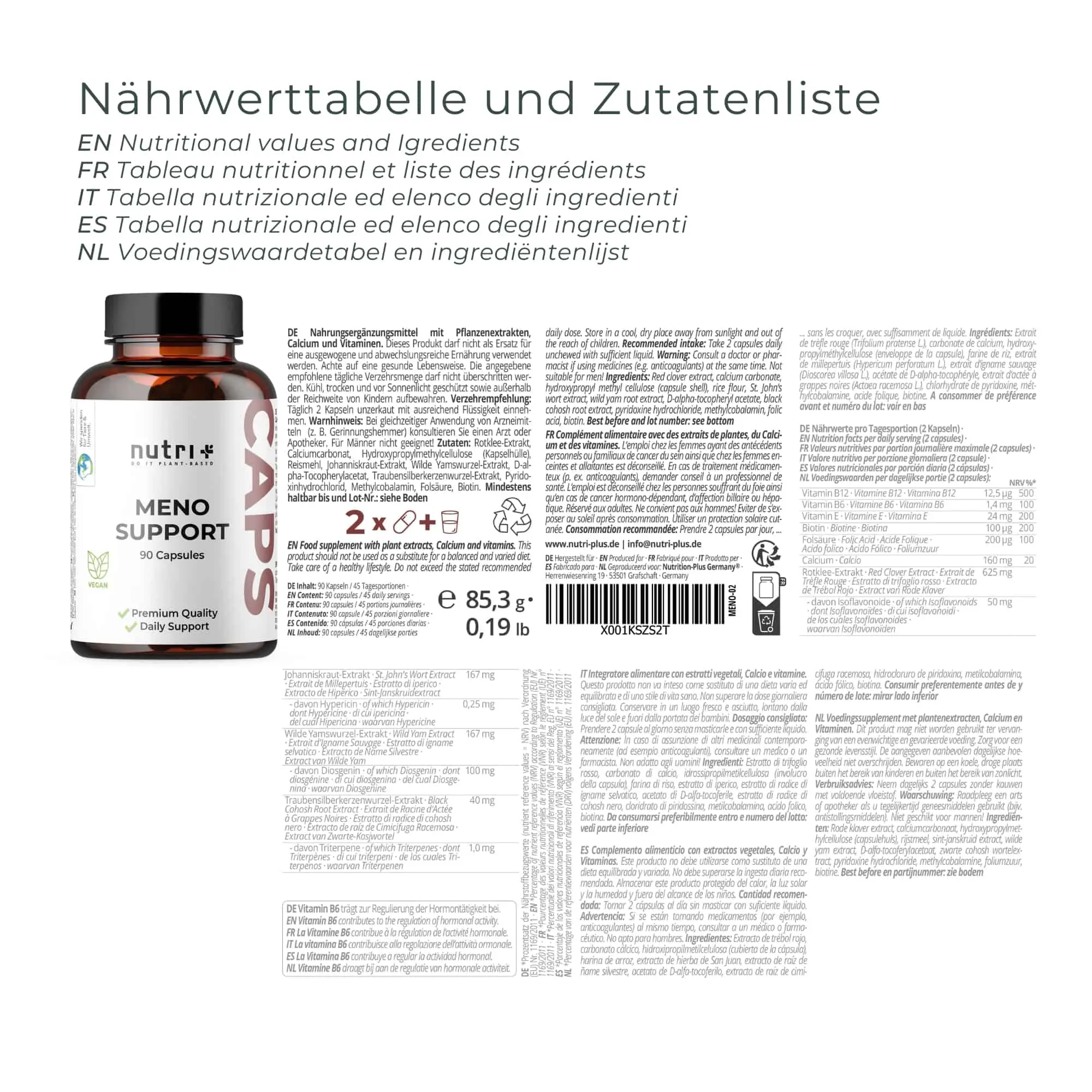 Meno Support Kapseln von Nutri+, Verpackung mit Nährwerttabelle und Zutatenliste.