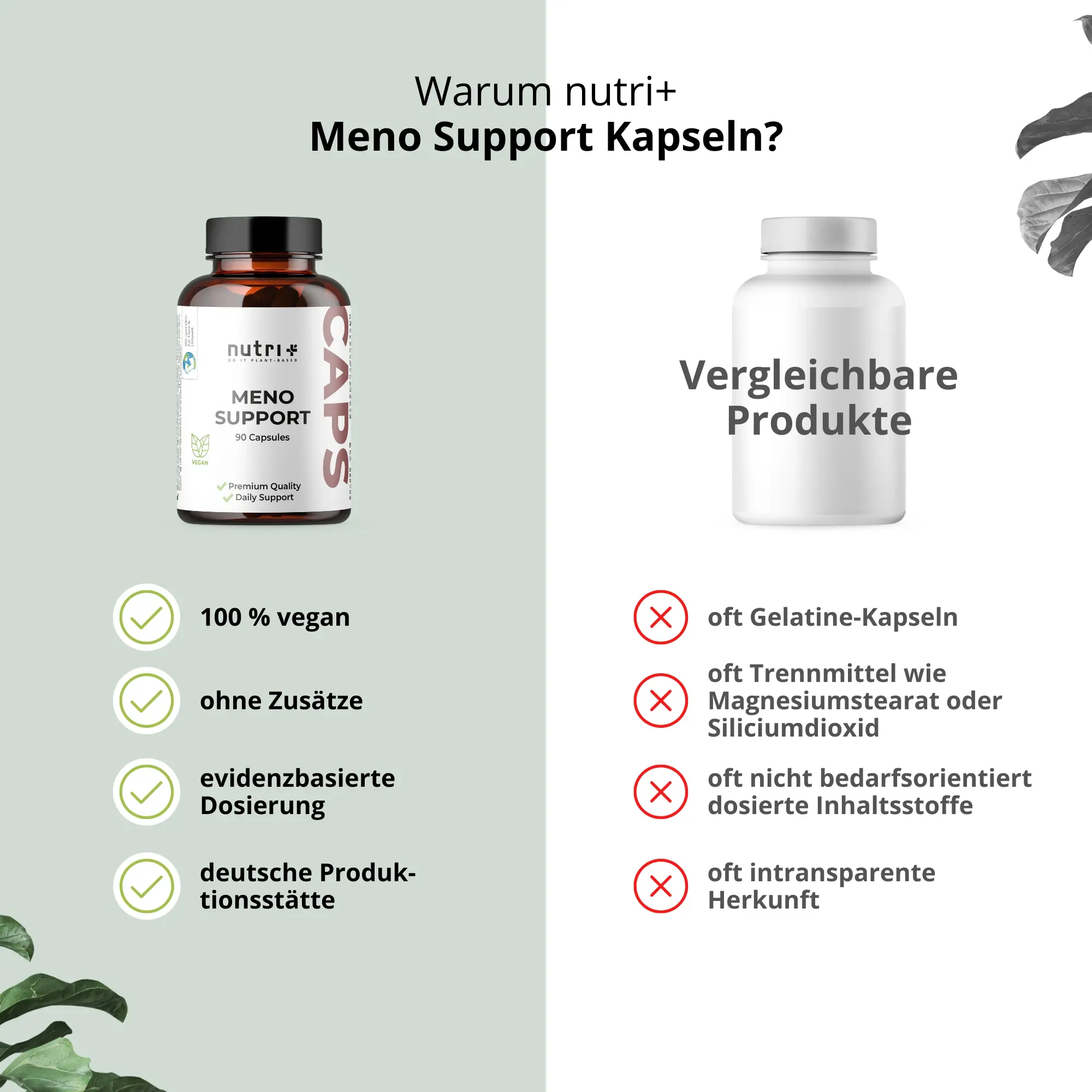 Meno Support Kapseln von nutri+: vegane Kapseln ohne Zusätze und transparente Herkunft.
