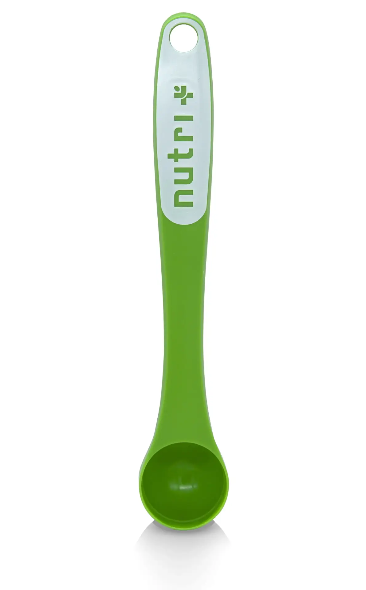 Grüner Dosierlöffel in Weiß mit Nutri-Logo, ideal für präzises Abmessen.
