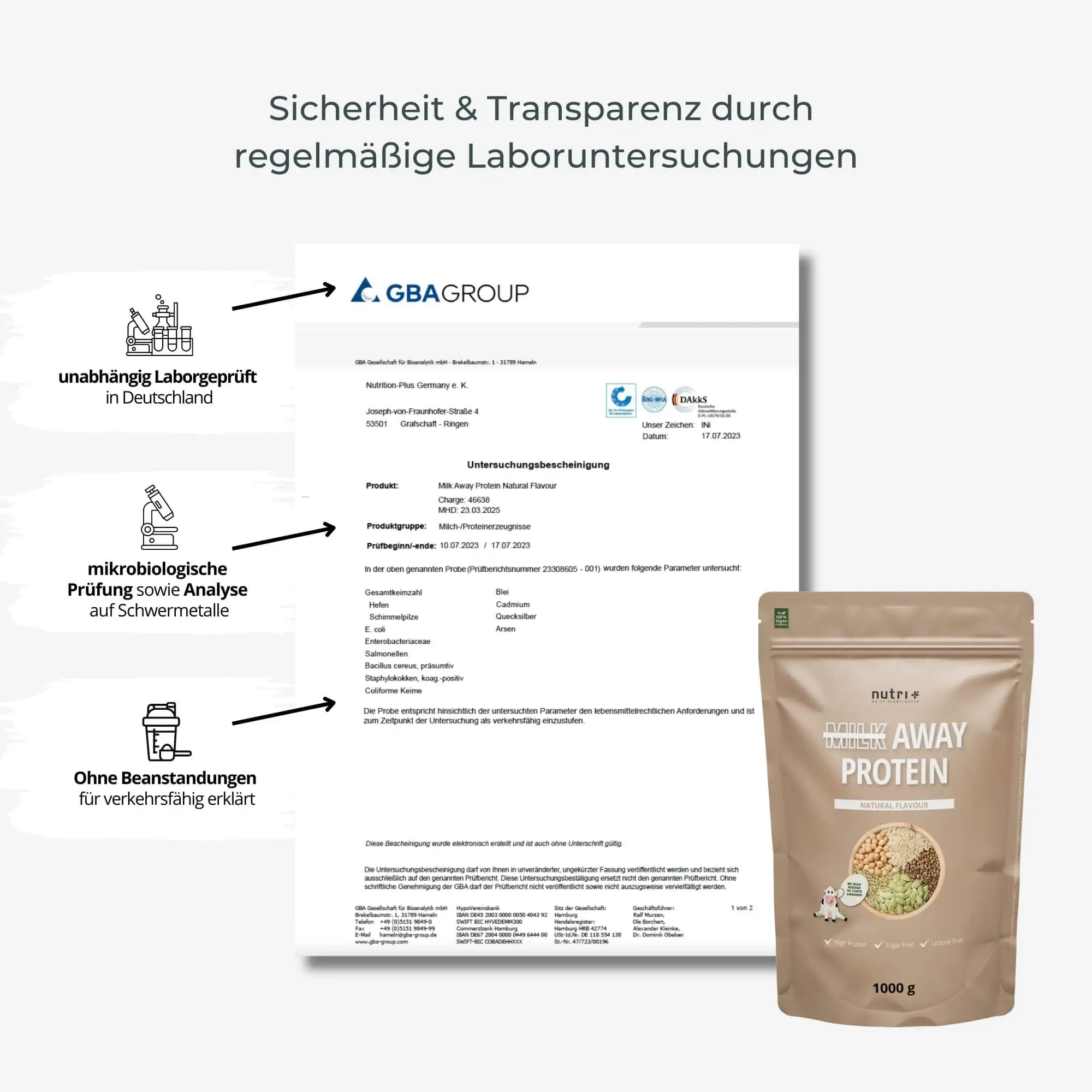 Zertifikat der GBA Group für Milk Away Protein Natural mit Laboruntersuchungen und Sicherheitsinformationen.
