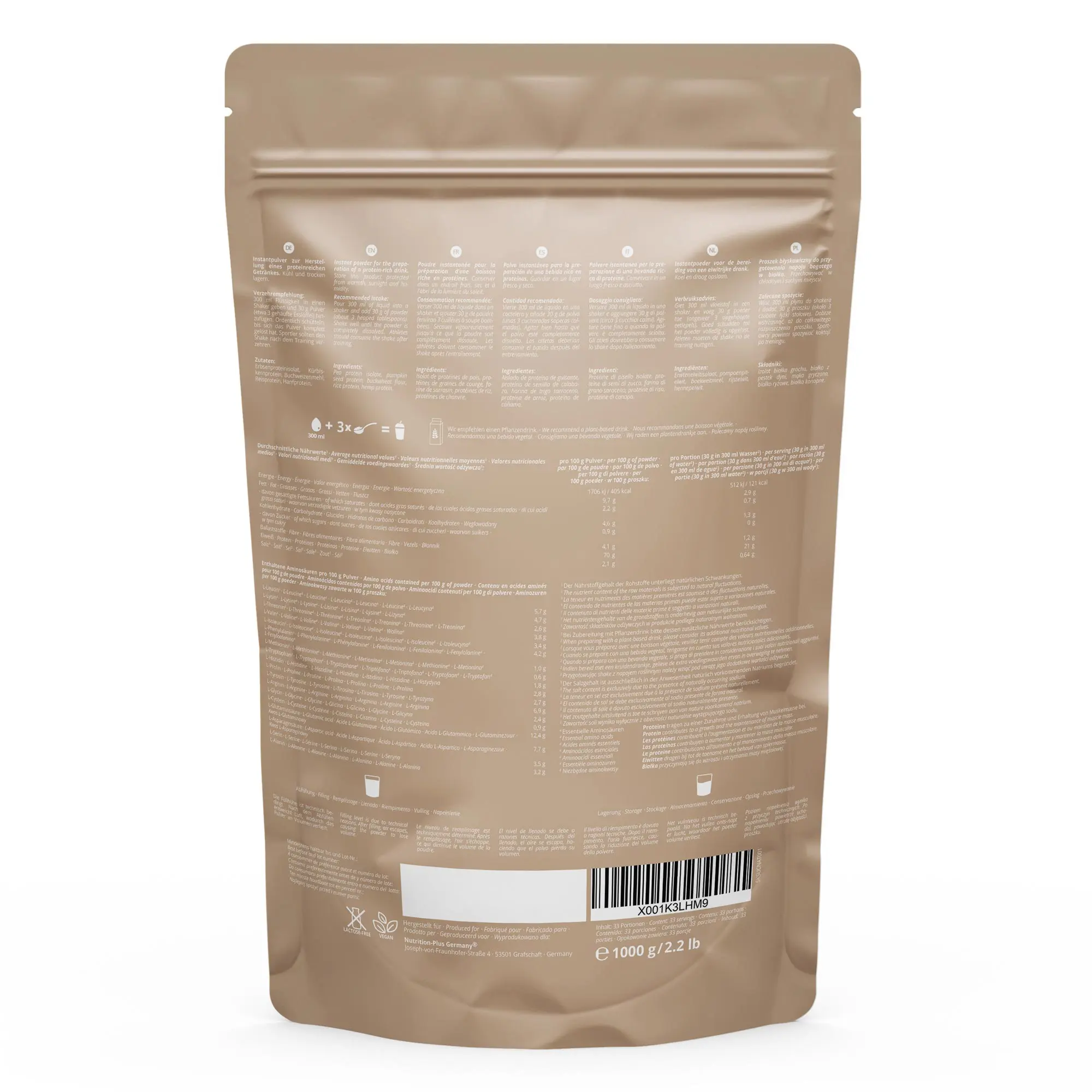 Rückseite der Packung Milk Away Protein Natural mit Nährwertangaben und Zutatenliste.