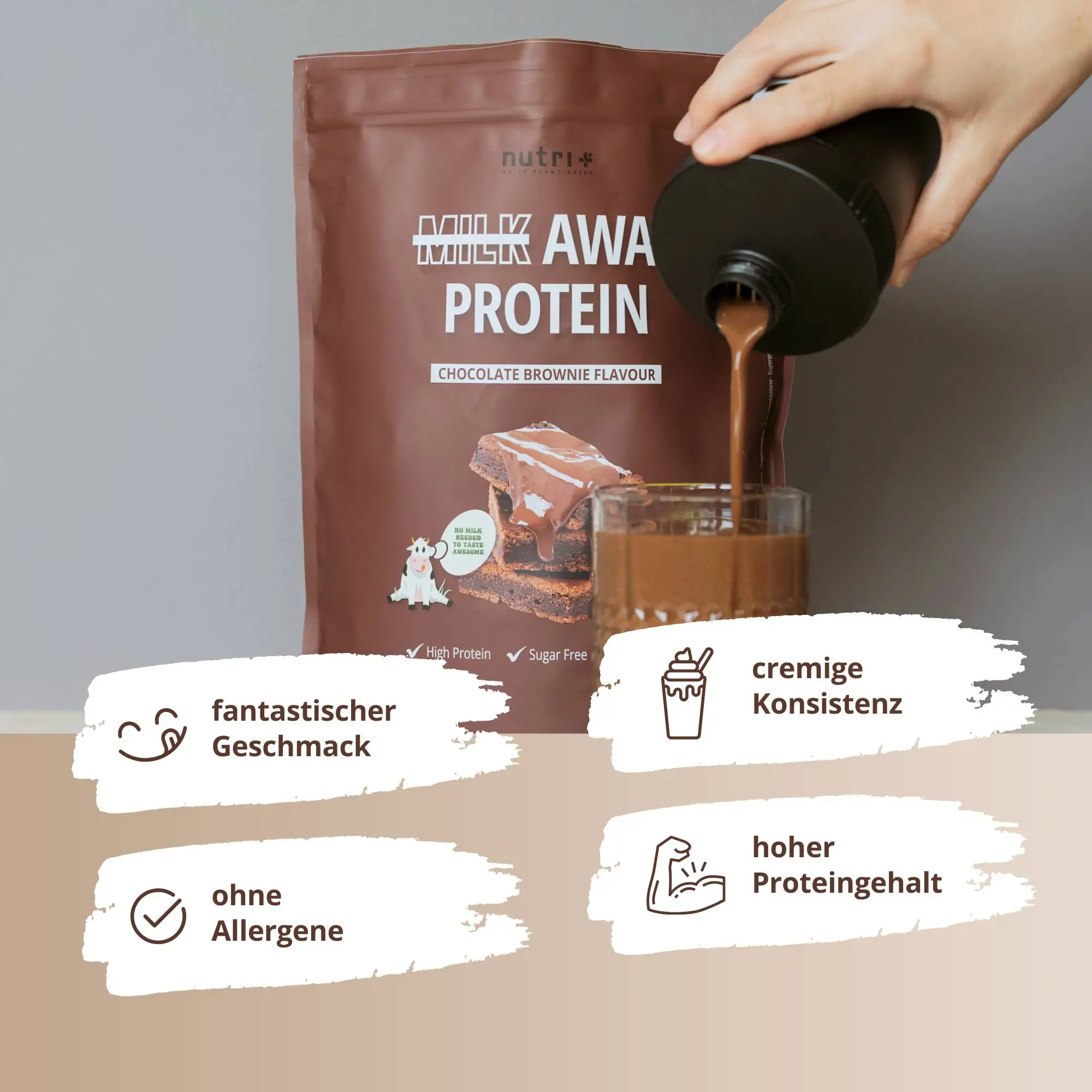 Milk Away Protein Chocolate Brownie: Verpackung mit cremiger Proteinmischung in einem Glas, allergenfrei.